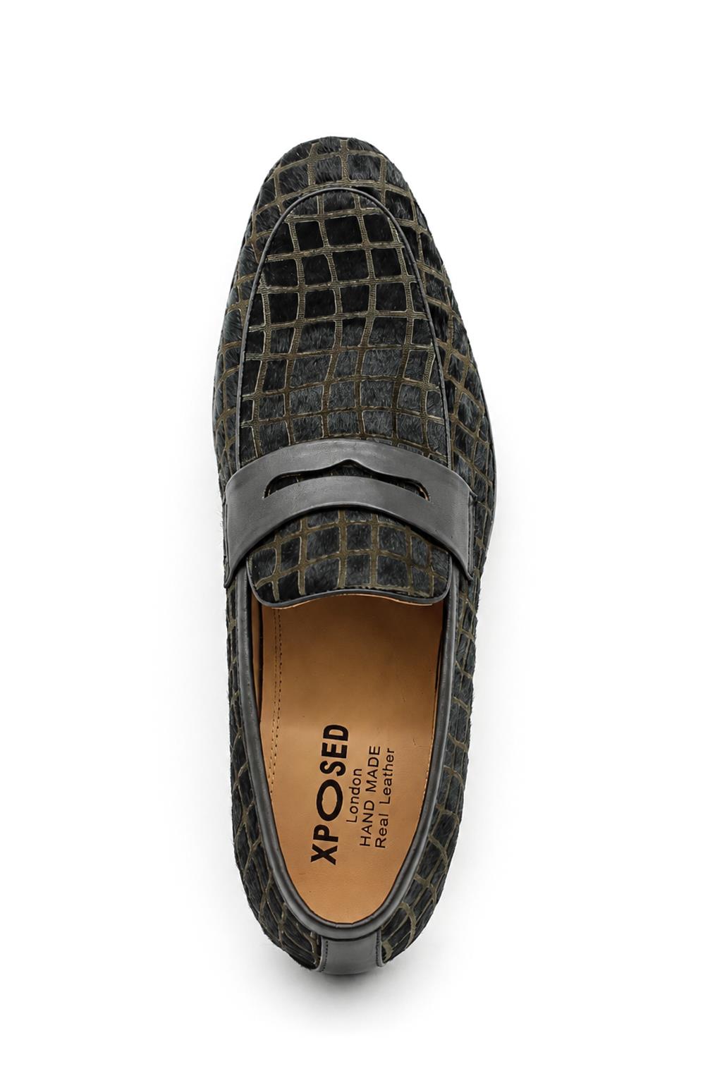 GINO Men’s Black Patterned Horsehair Leather Penny Loafers Sartorial Shoes