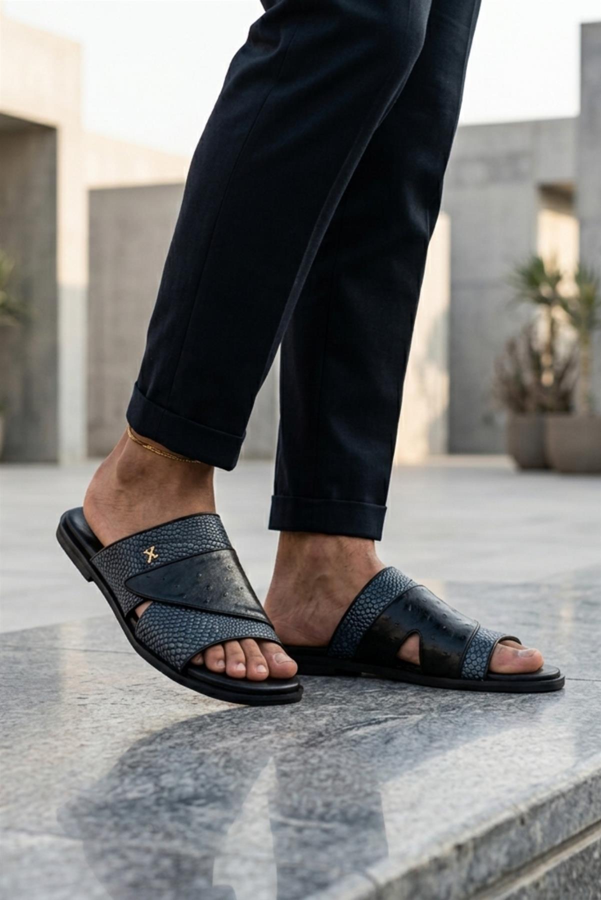 Men's Black & Grey Handmade Real Leather Open Front Slide Sandals Sartorial Shoes