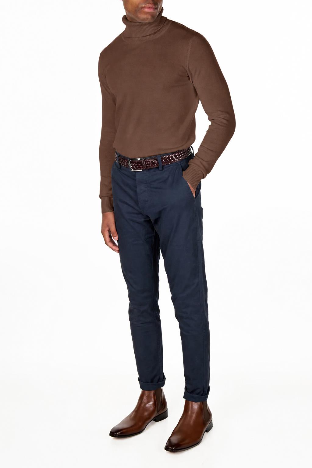 Men's Mocha 100% Cotton Fine Knit Roll Neck Jumper CAVANI
