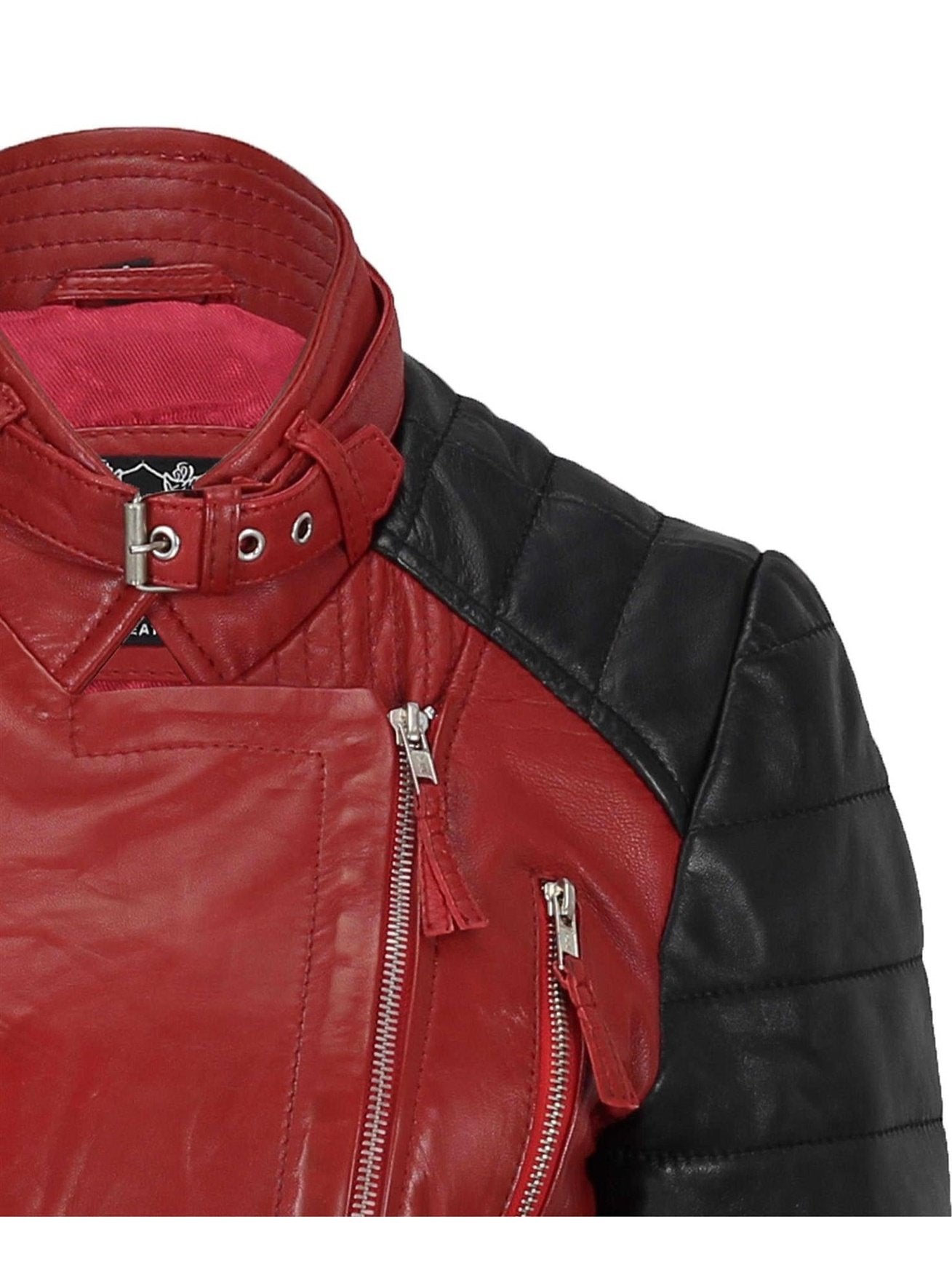 New Ladies Black Red Vintage Soft Genuine Real Leather Biker Jacket Size Fitted