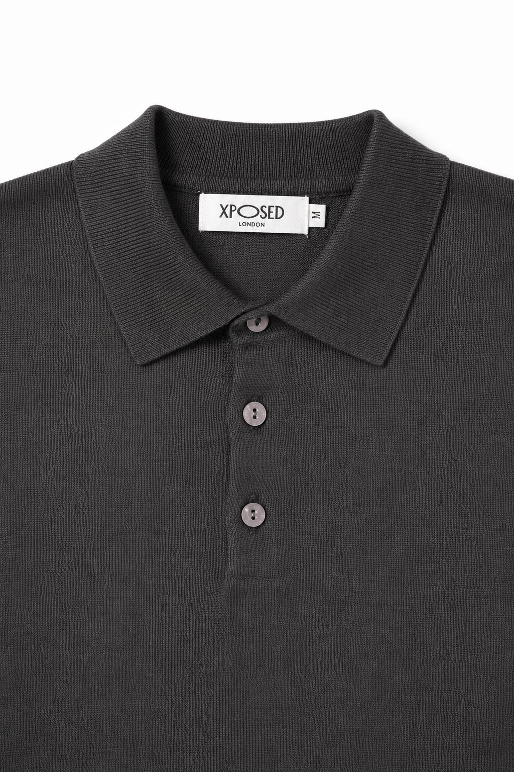 Men's Grey 100% Cotton Fine Knit Button Neck Polo Jumper CAVANI