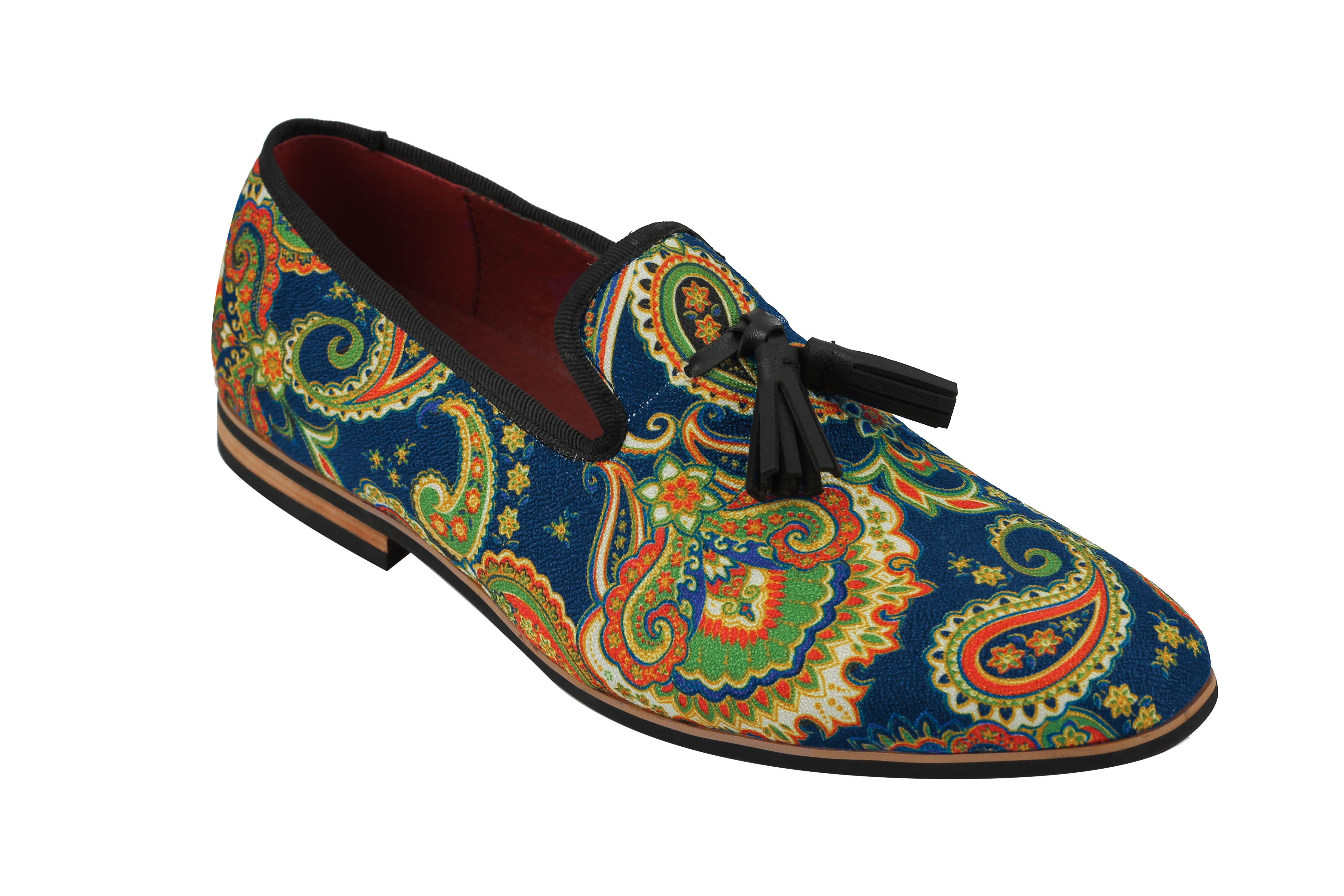 MENS LEATHER TASSEL LOAFER VINTAGE DESIGNER STYLE PAISLEY PRINT SHOES BLACK BLUE