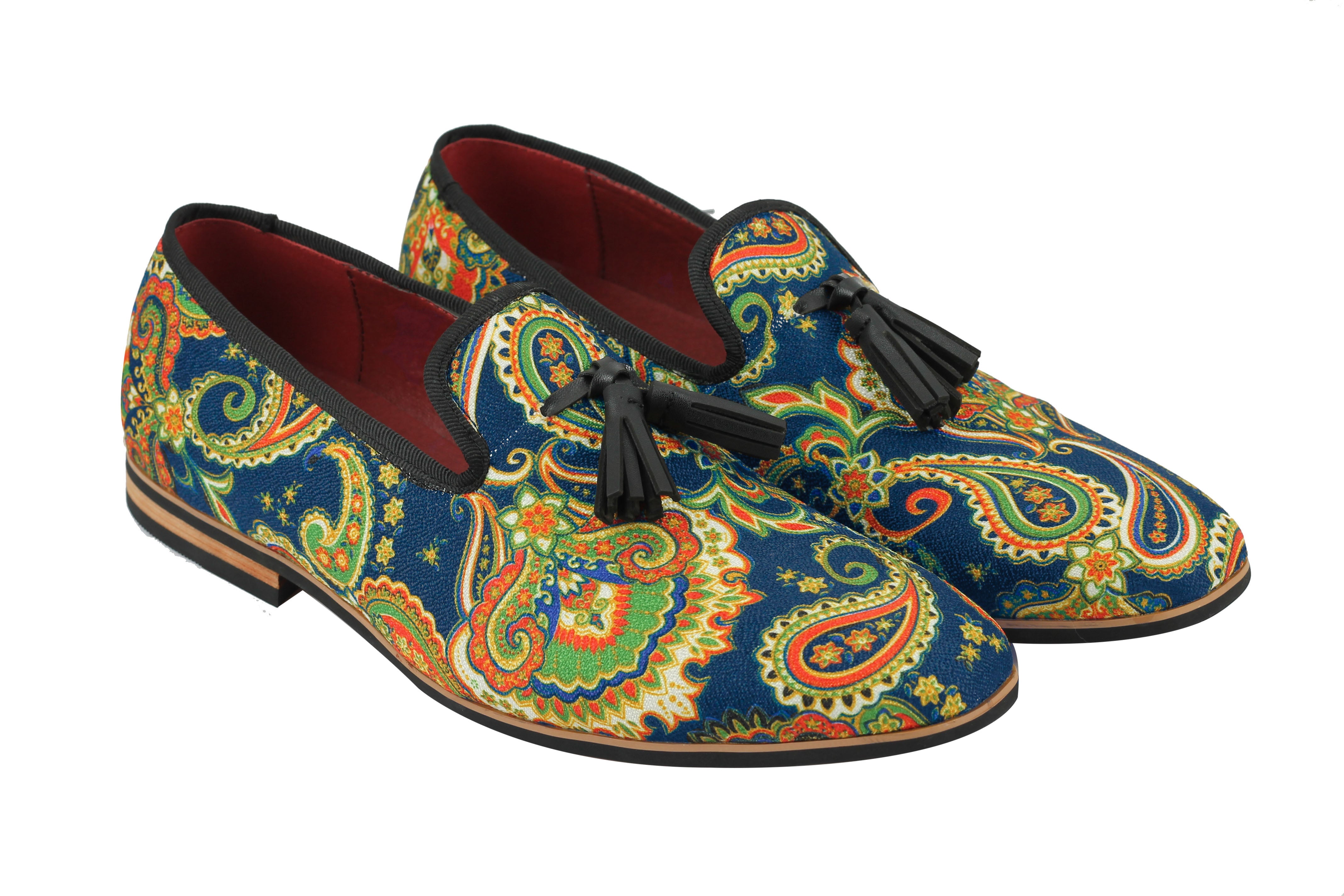 MENS LEATHER TASSEL LOAFER VINTAGE DESIGNER STYLE PAISLEY PRINT SHOES BLACK BLUE
