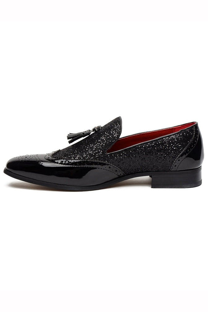 BLACK FAUX PATENT LEATHER SHINY GLITTER PARTY TASSEL LOAFER