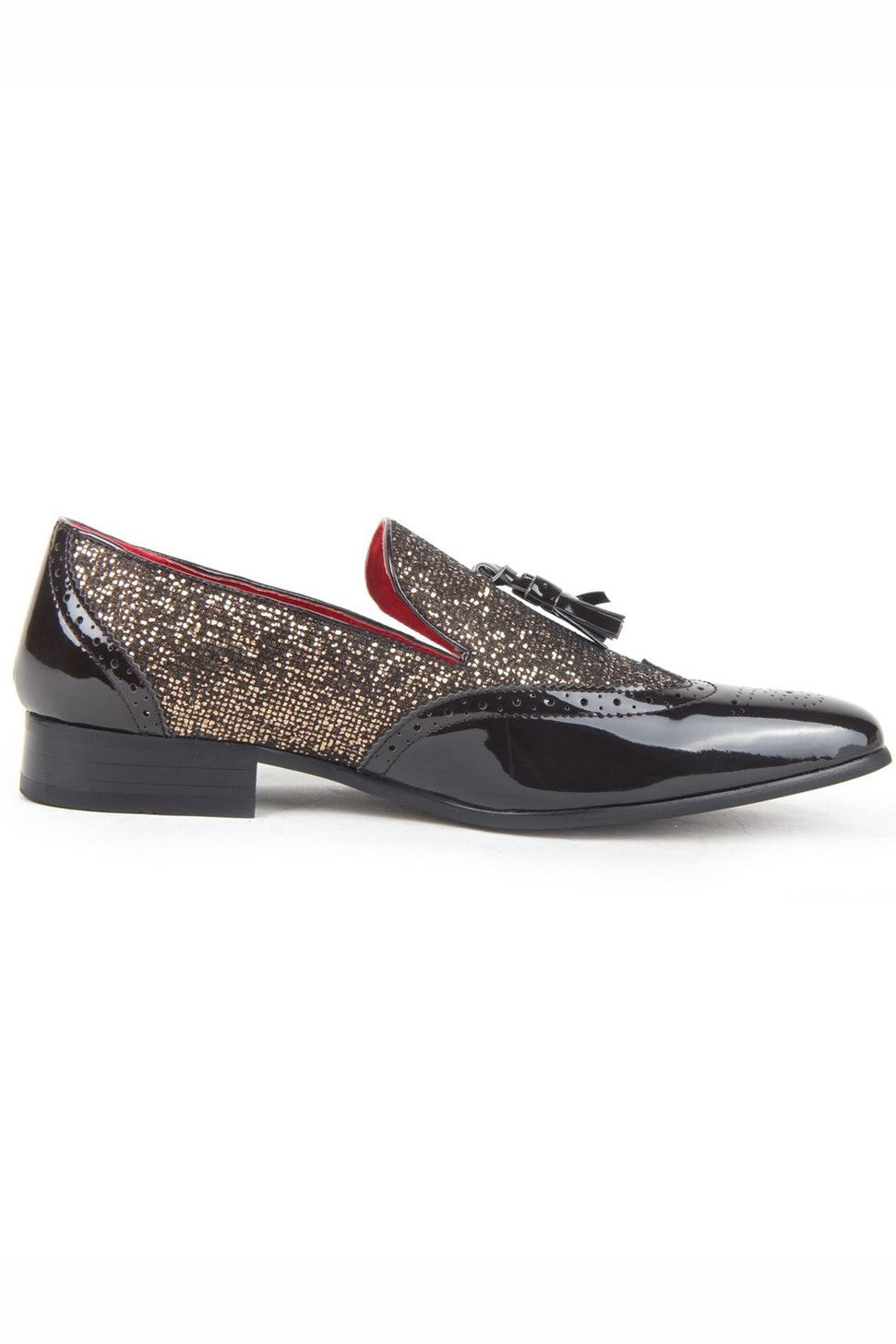 BLACK FAUX PATENT LEATHER GOLD SHINY GLITTER PARTY TASSEL LOAFER