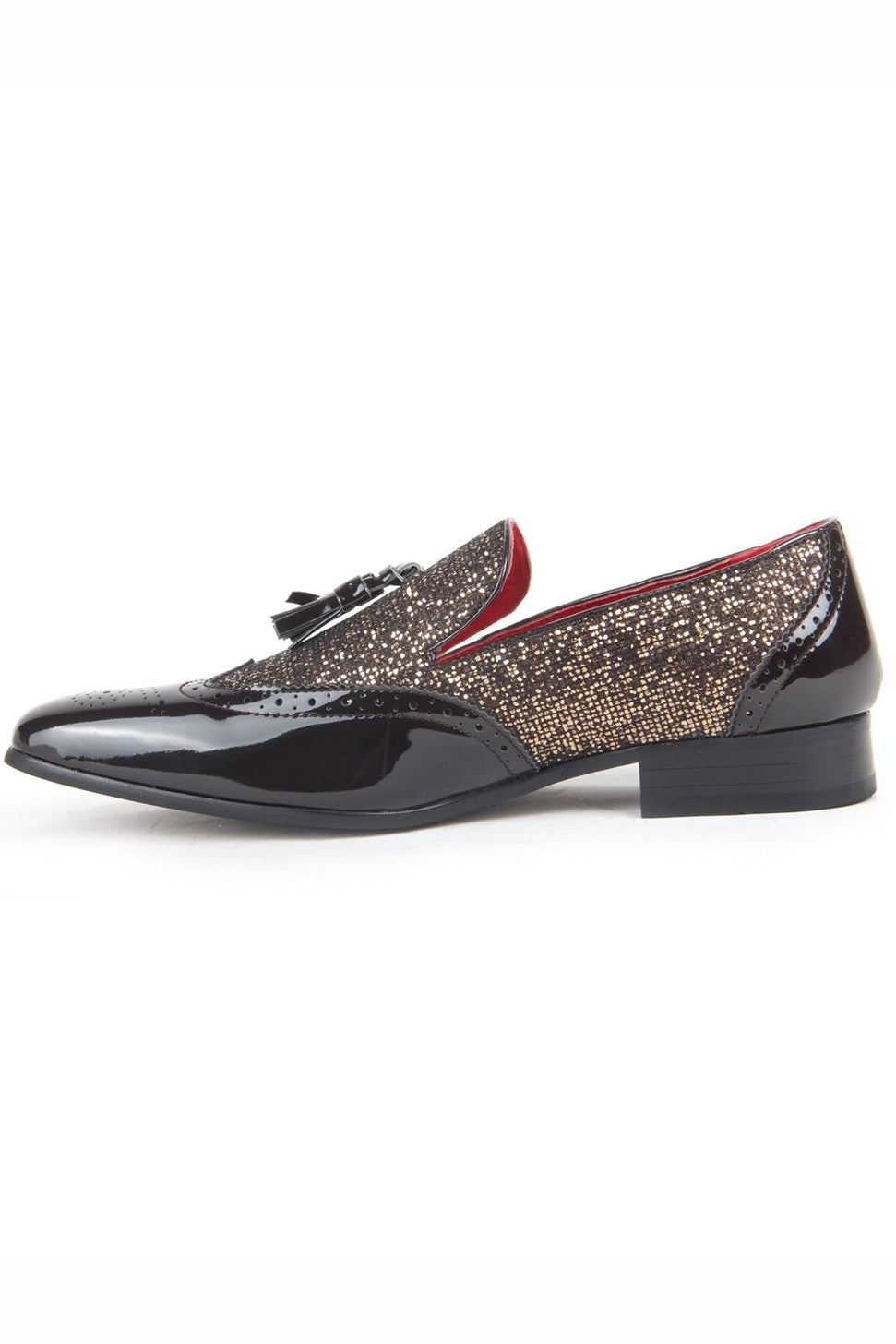 BLACK FAUX PATENT LEATHER GOLD SHINY GLITTER PARTY TASSEL LOAFER