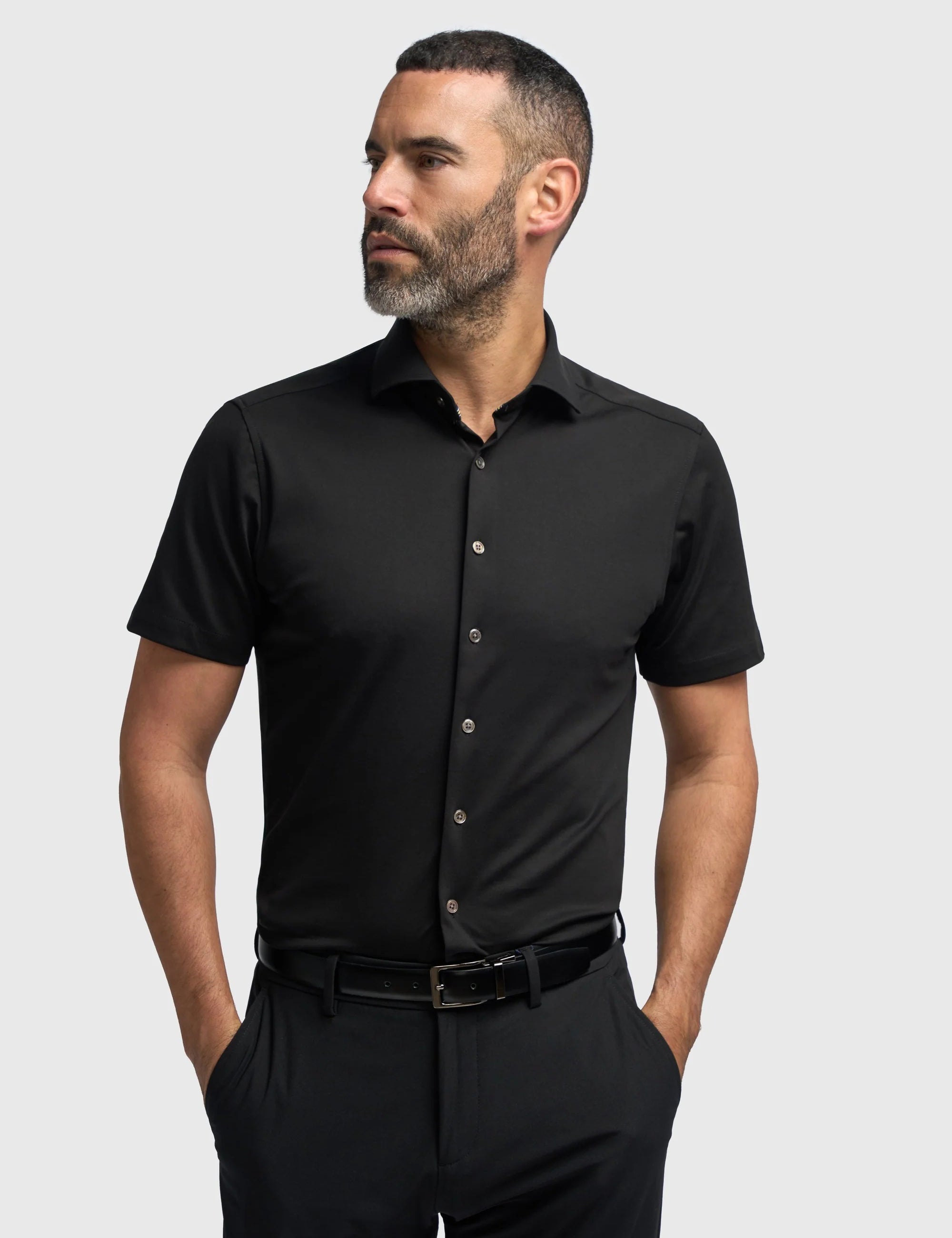 Black Cotton Stretch Slim Fit Shirt – Short Sleeve