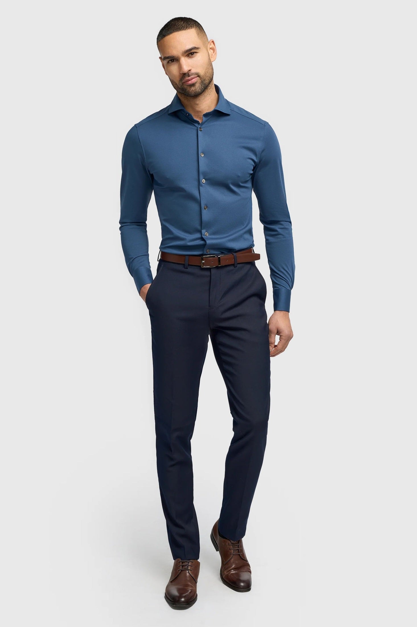 Cavani – Blue Cotton Blend Stretch Slim Fit Shirt