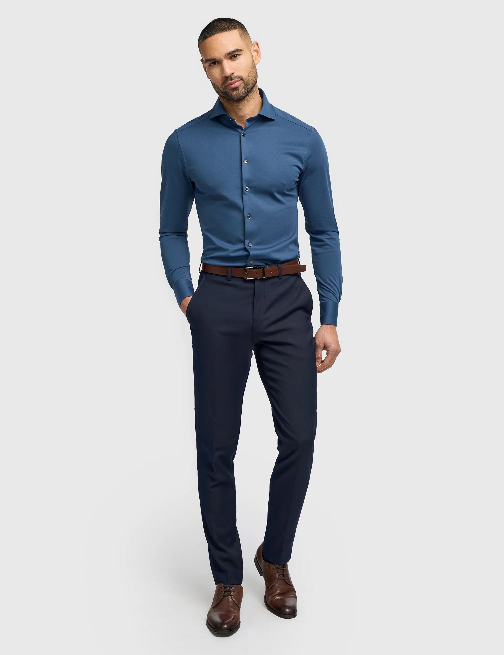 Cavani – Blue Cotton Blend Stretch Slim Fit Shirt