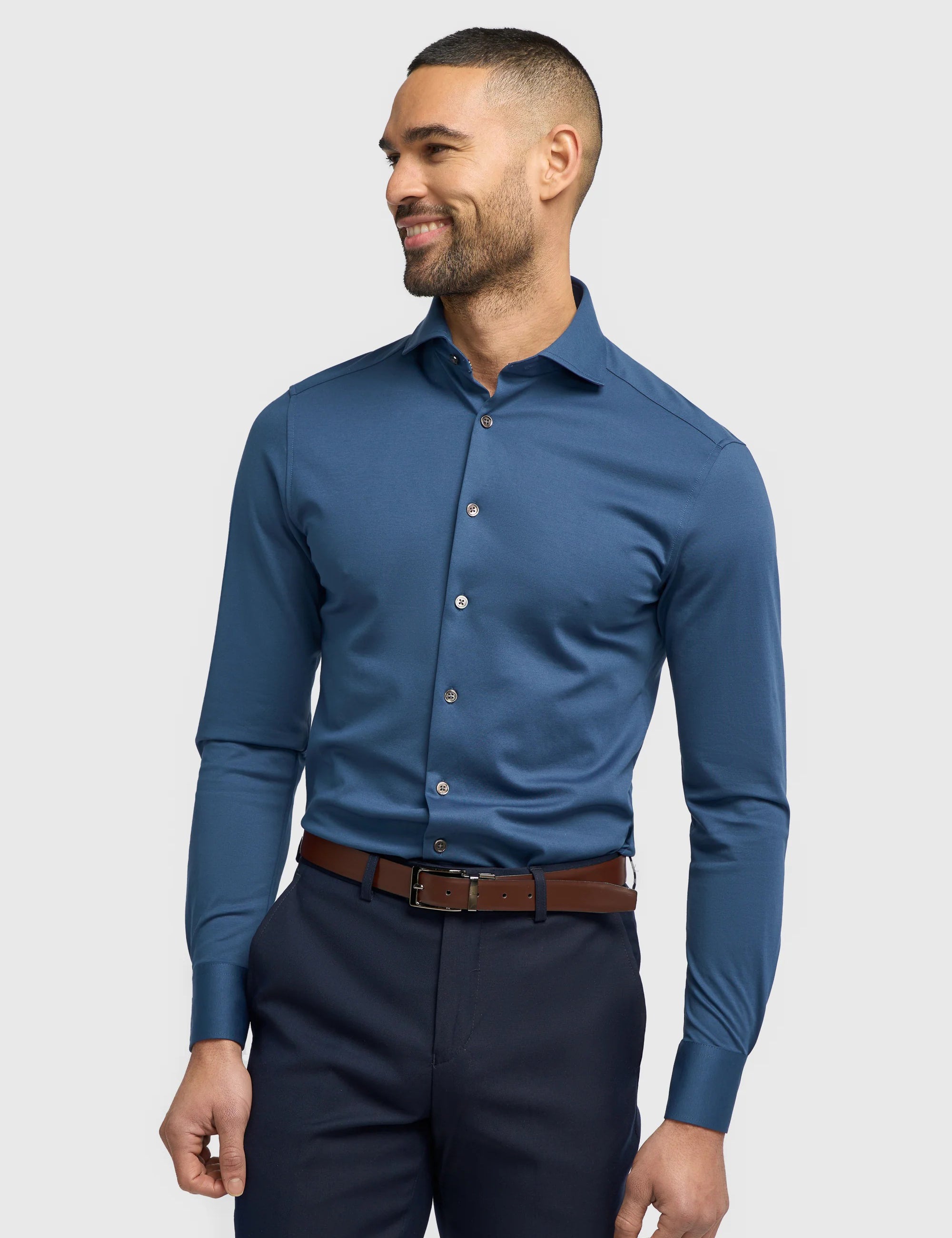 Cavani – Blue Cotton Blend Stretch Slim Fit Shirt