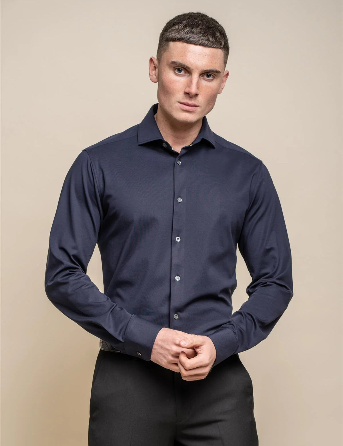 Cavani – Navy Cotton Blend Stretch Slim Fit Shirt