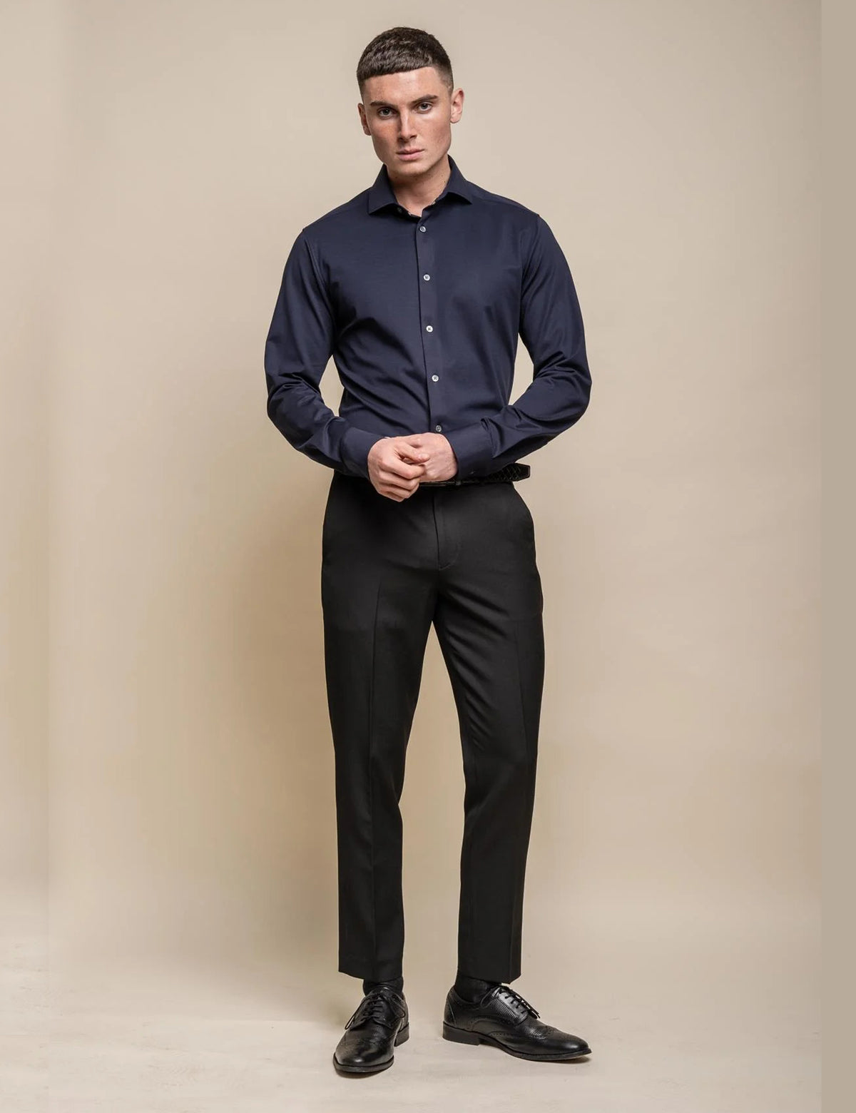 Cavani – Navy Cotton Blend Stretch Slim Fit Shirt