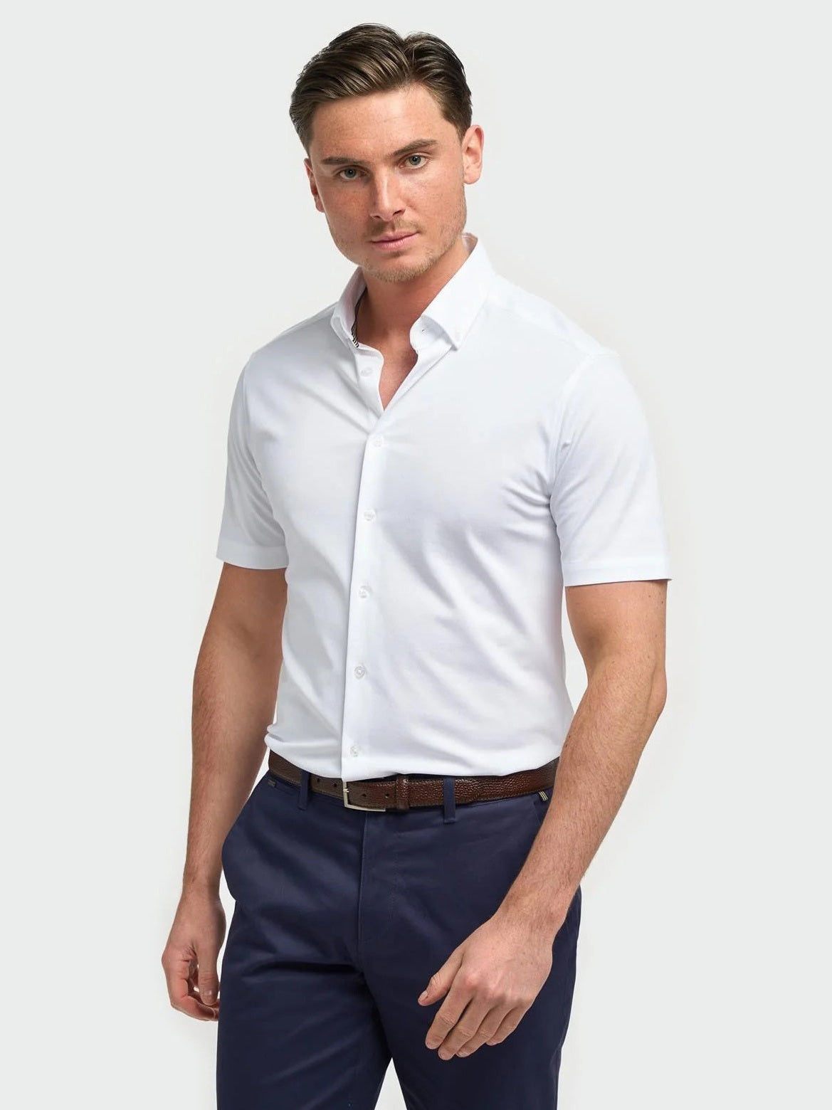 White Cotton Stretch Slim Fit Shirt – Short Sleeve CAVANI