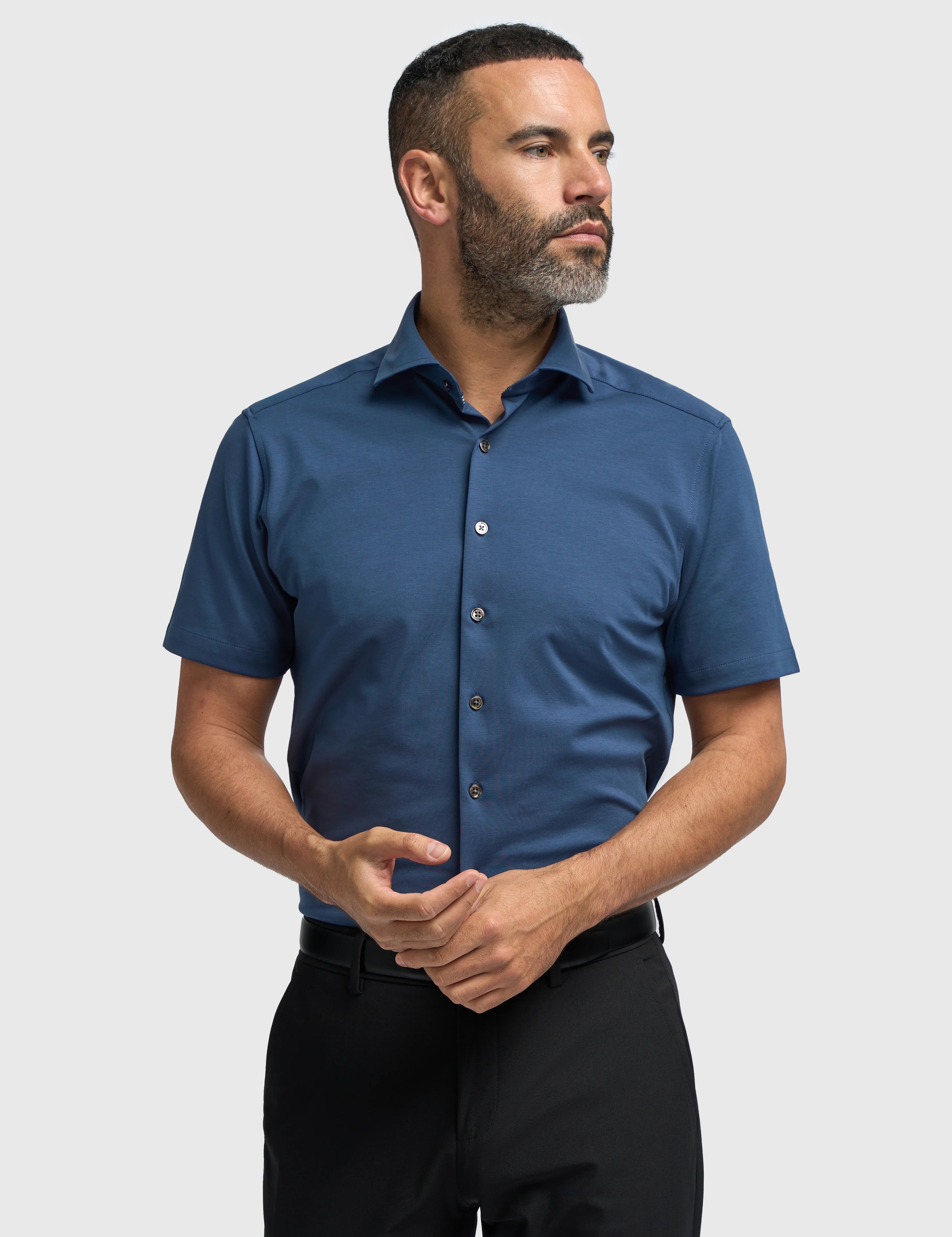 Blue Cotton Stretch Slim Fit Shirt – Short Sleeve