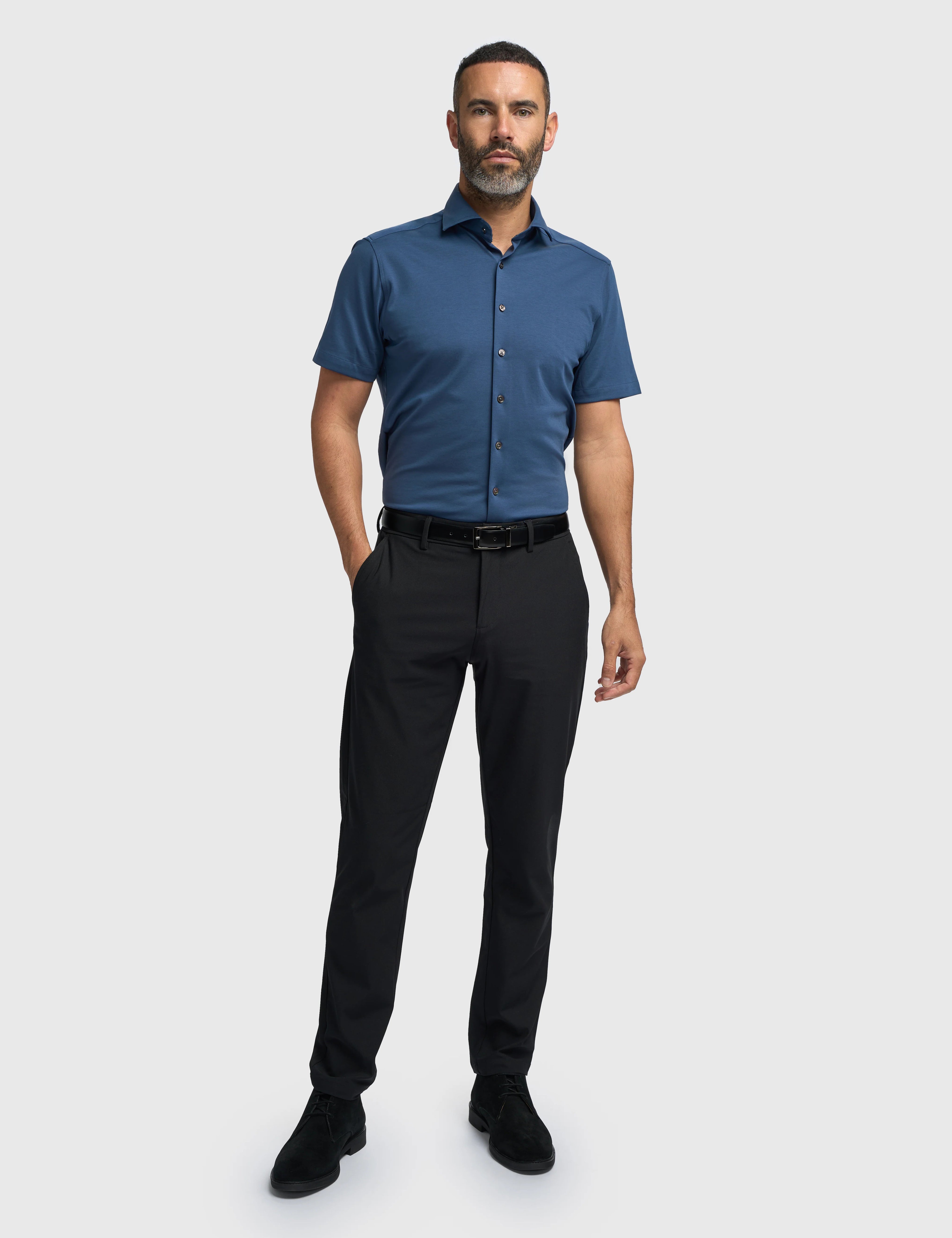 Blue Cotton Stretch Slim Fit Shirt – Short Sleeve