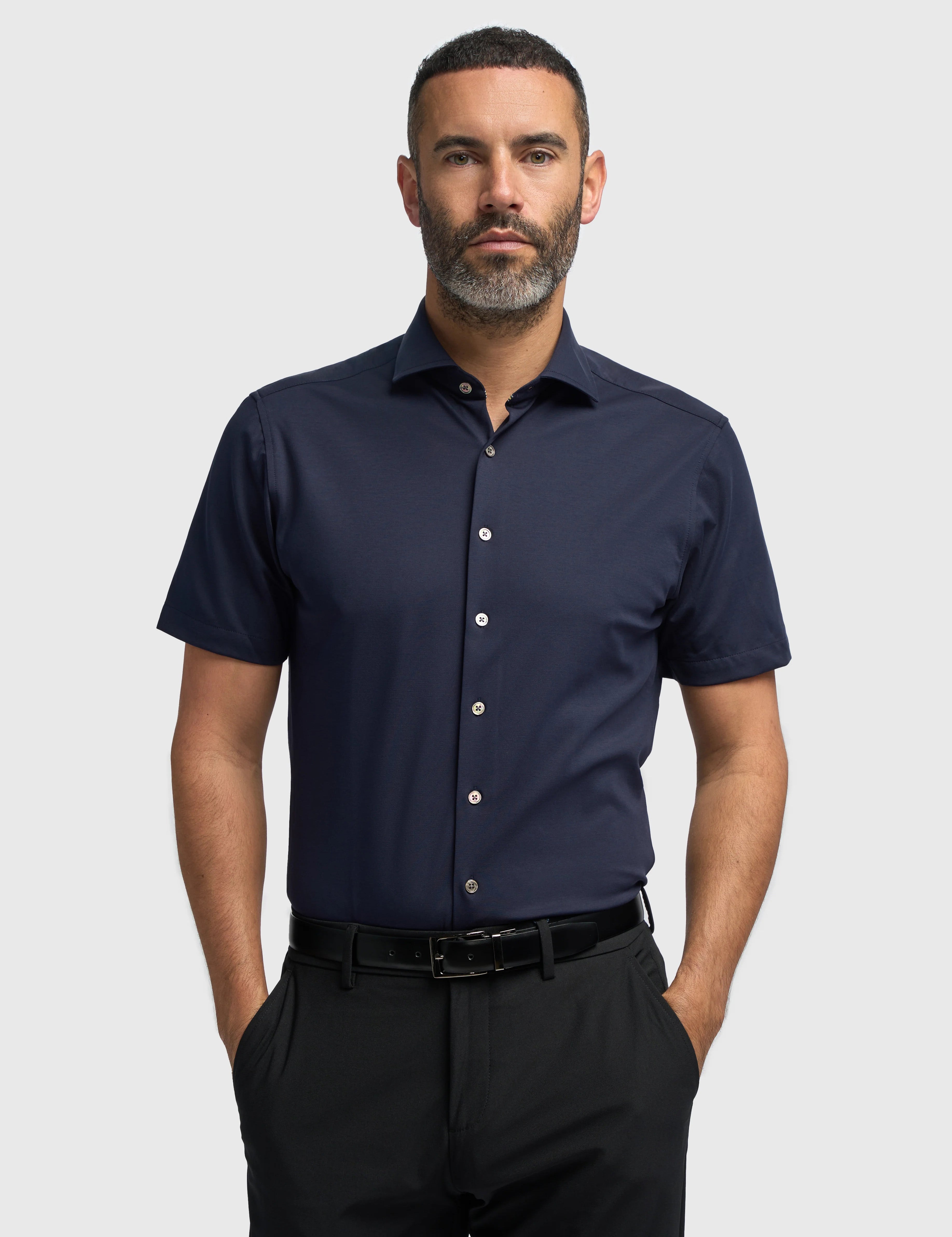Navy Cotton Stretch Slim Fit Shirt – Short Sleeve