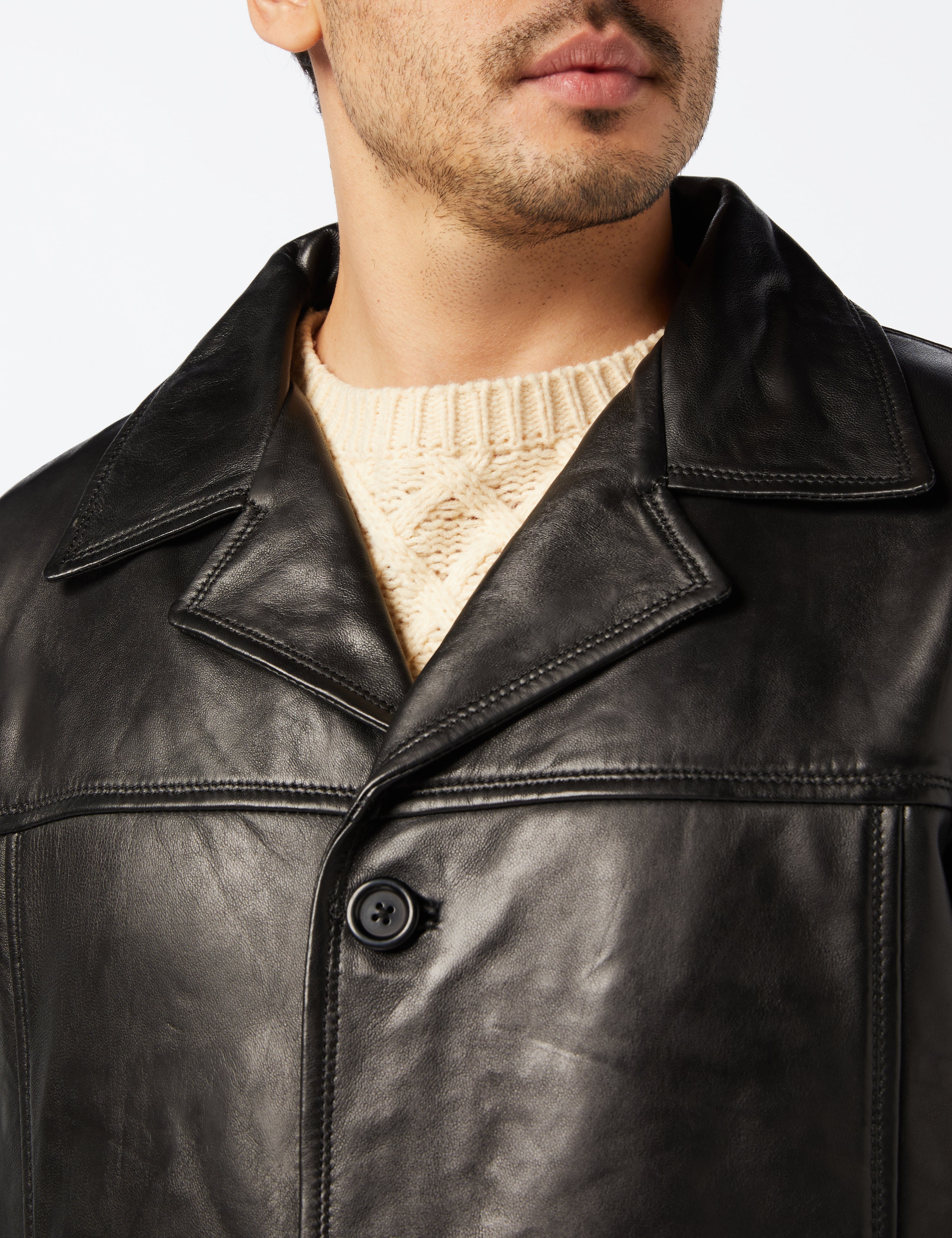 XPOSED Mens Real Leather Blazer Style Vintage Smart Casual Black Reefer Jacket