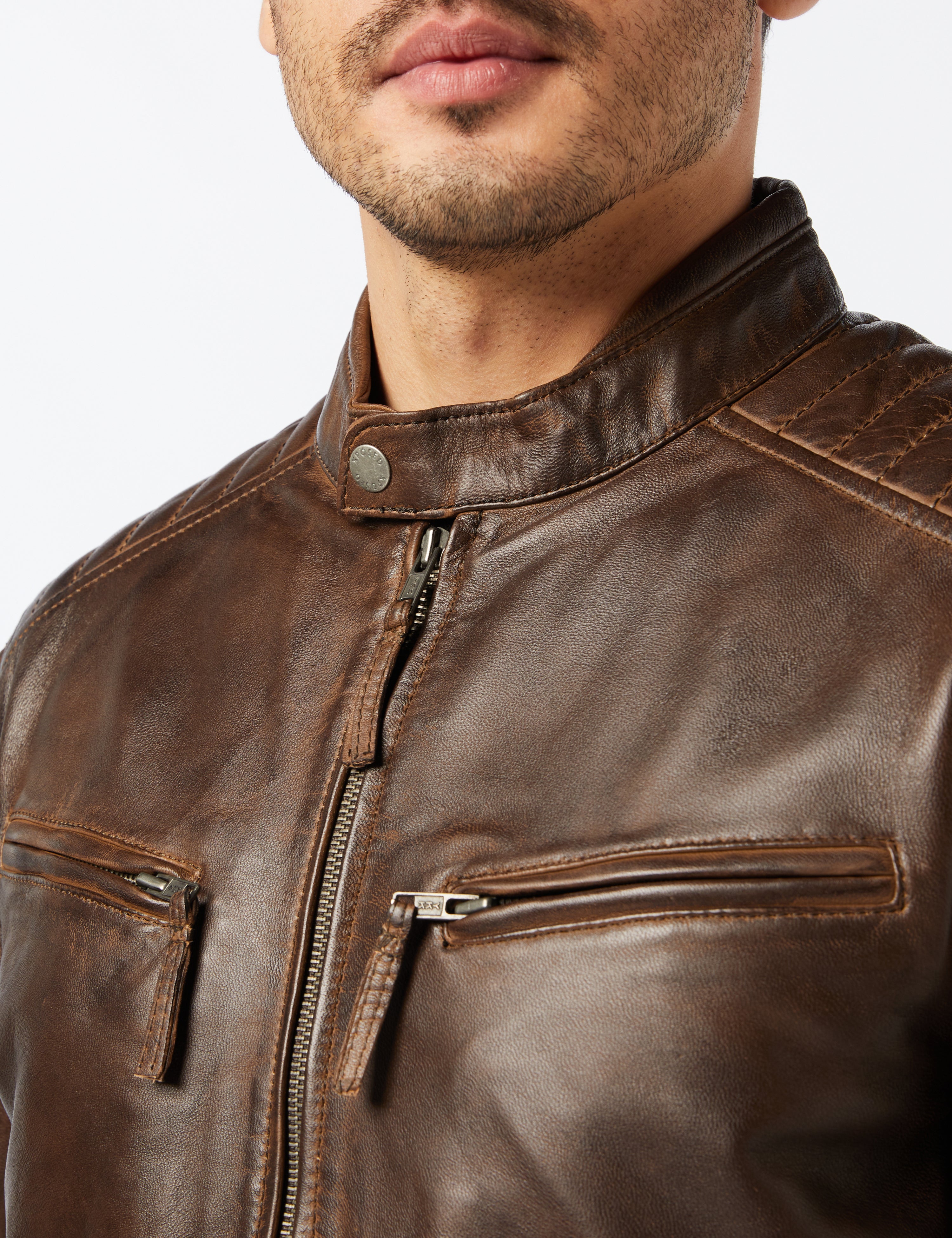 Mens Real Soft Leather Slim Fit Antique Washed Brown Urban Retro Biker Jacket
