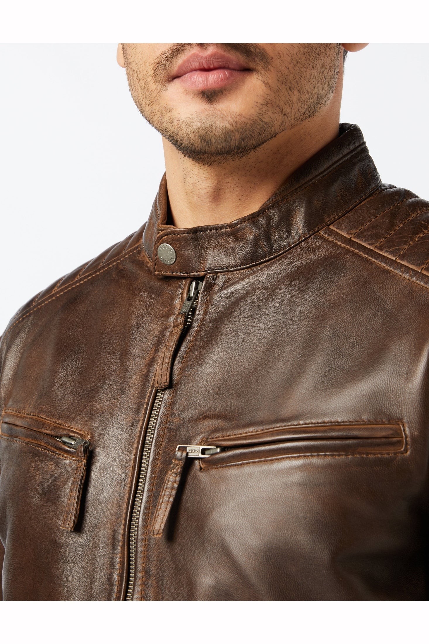 Mens Real Soft Leather Slim Fit Antique Washed Brown Urban Retro Biker Jacket