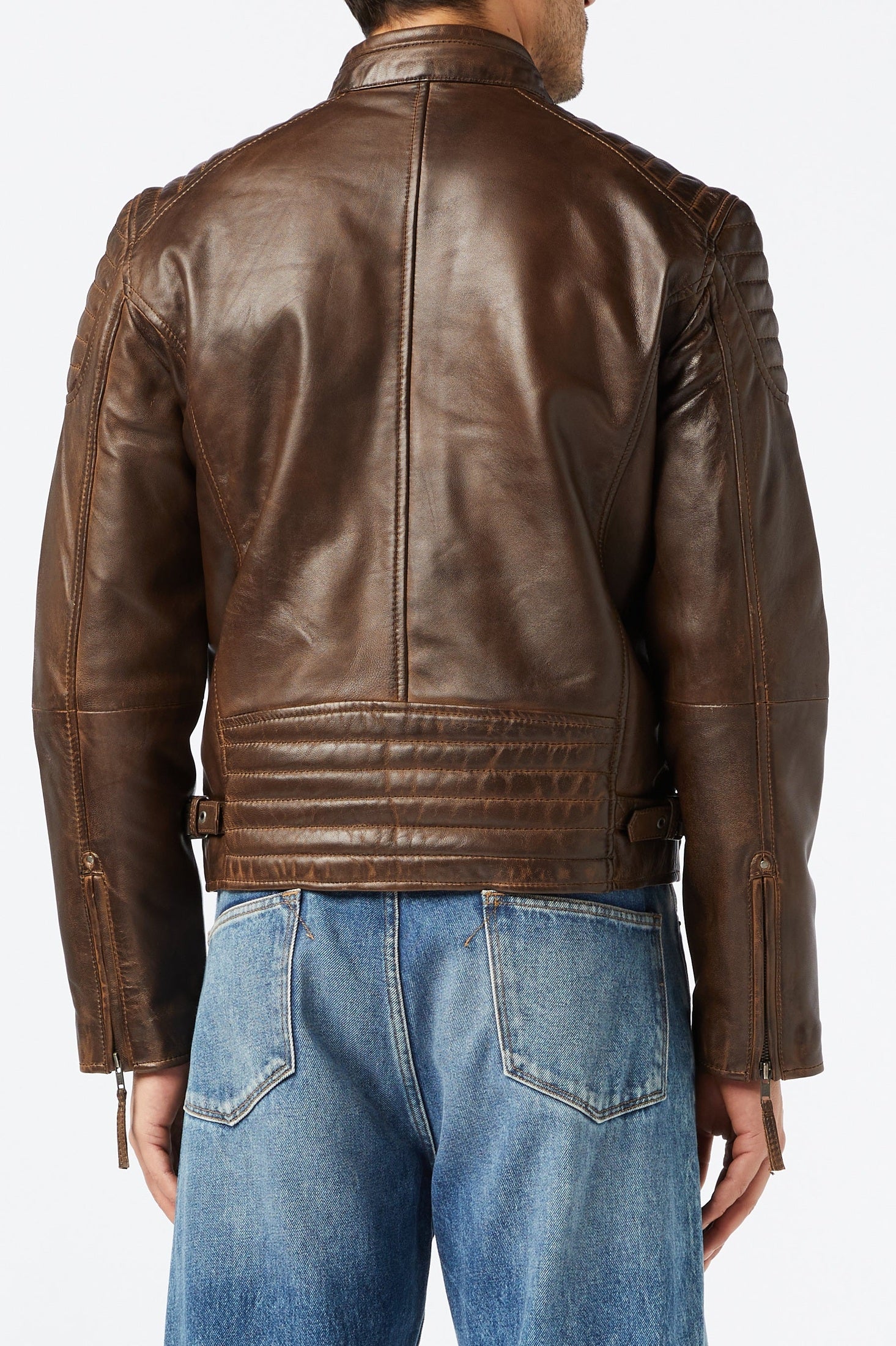 Mens Real Soft Leather Slim Fit Antique Washed Brown Urban Retro Biker Jacket