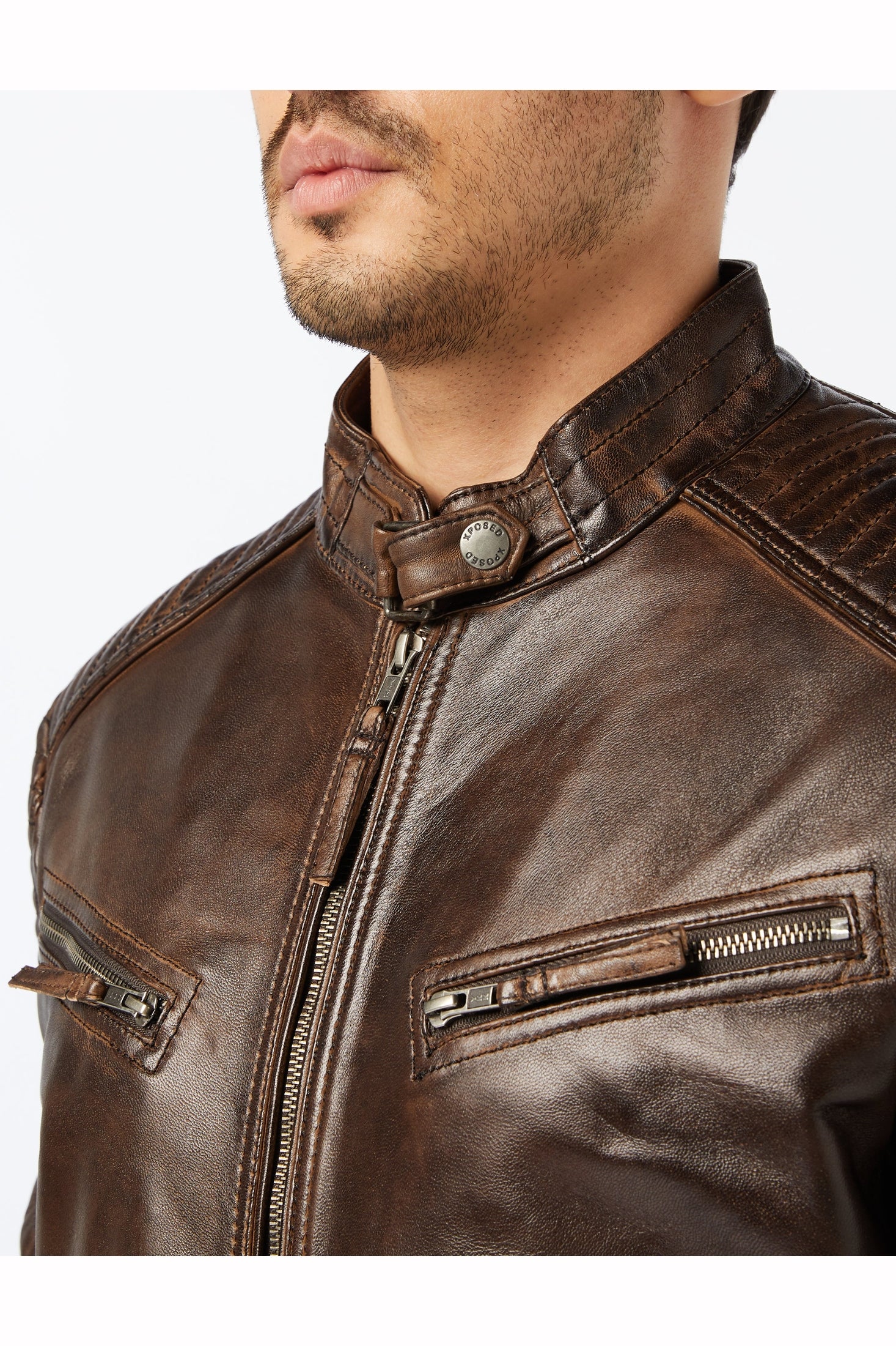 Mens Real Leather Fitted Brown Retro Biker Vintage Urban Zip Casual Jacket