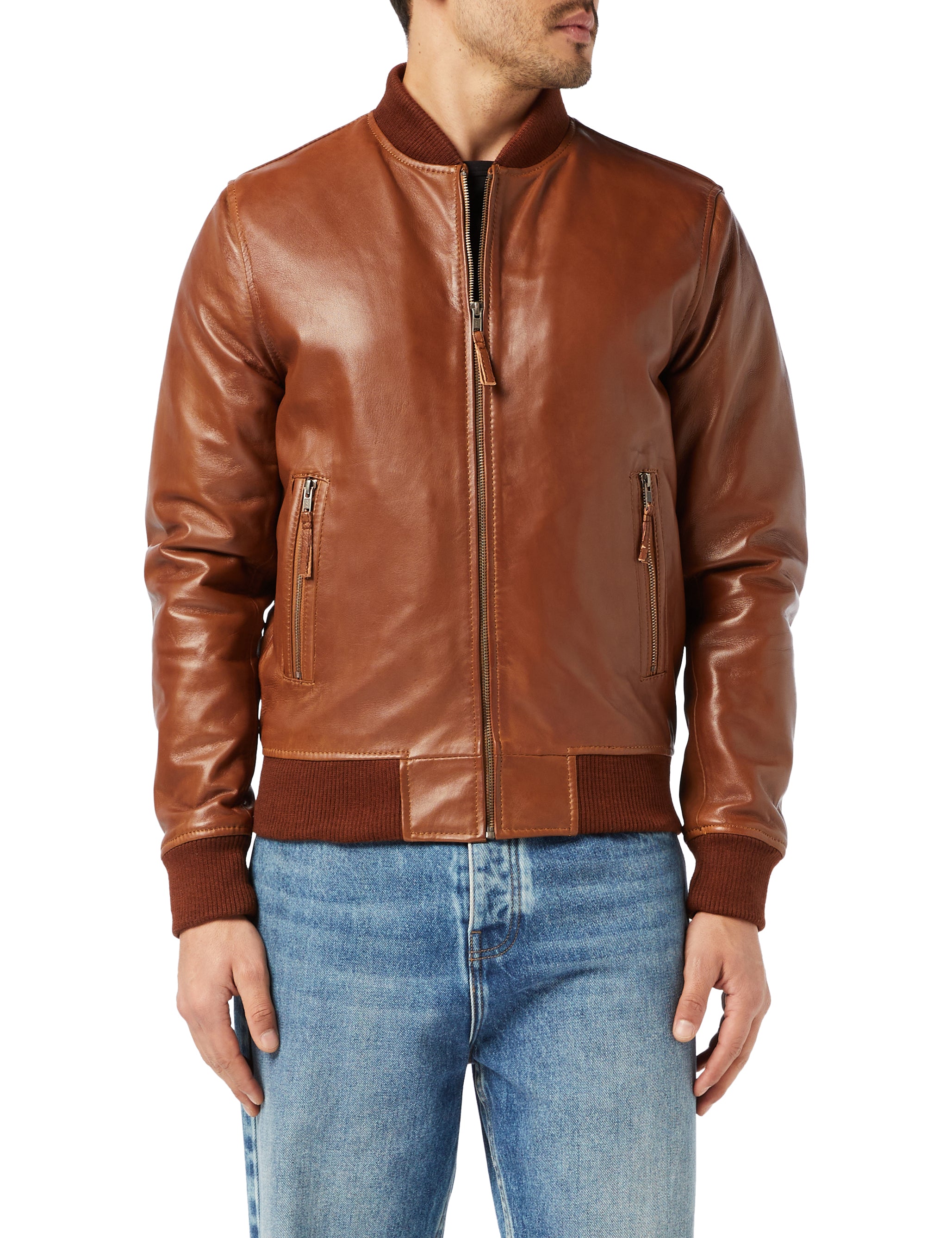 XPOSED Mens Tan Soft Real Leather Smart Casual Vintage Bomber Biker Style Jacket