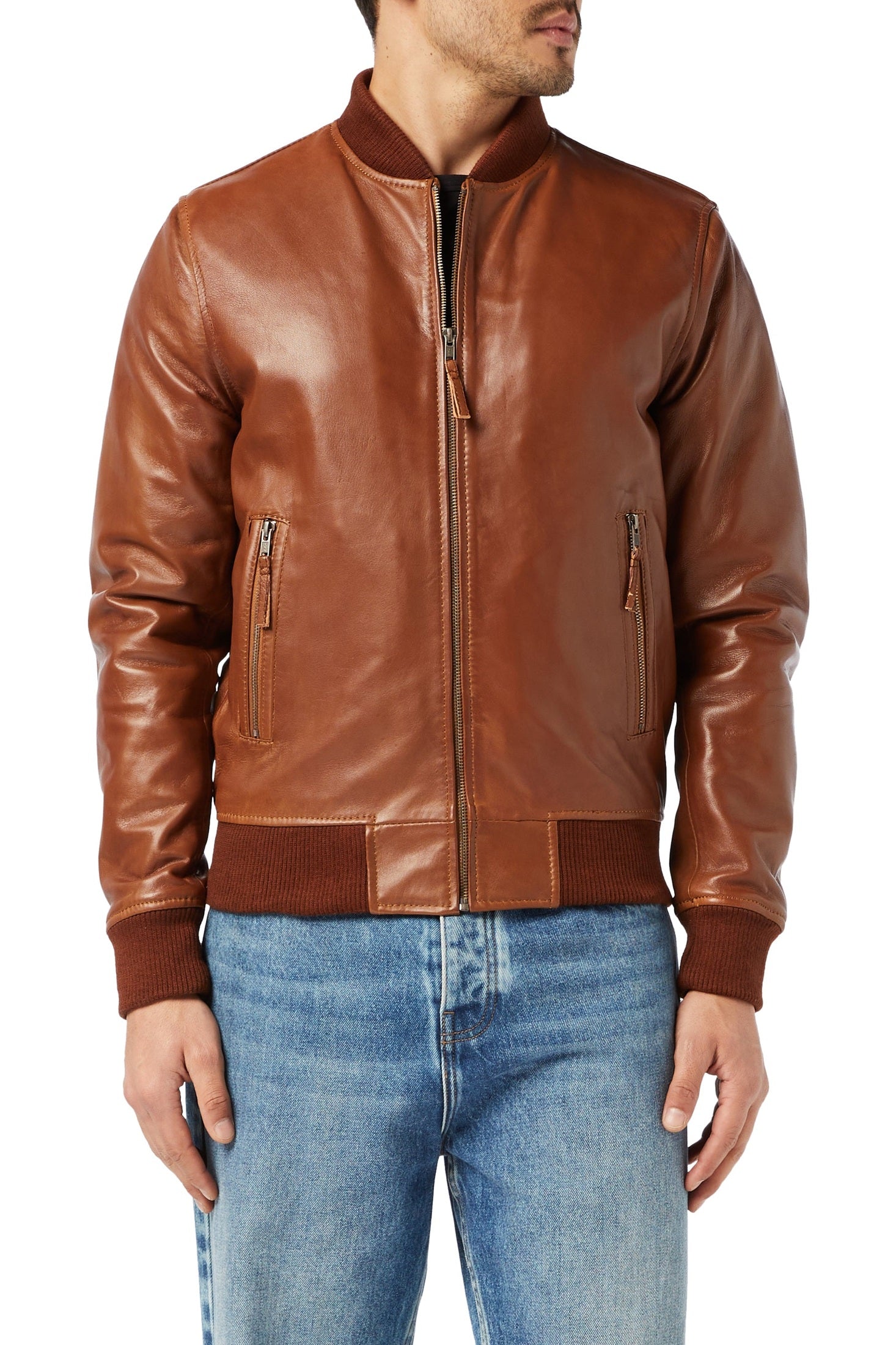 XPOSED Mens Tan Soft Real Leather Smart Casual Vintage Bomber Biker Style Jacket