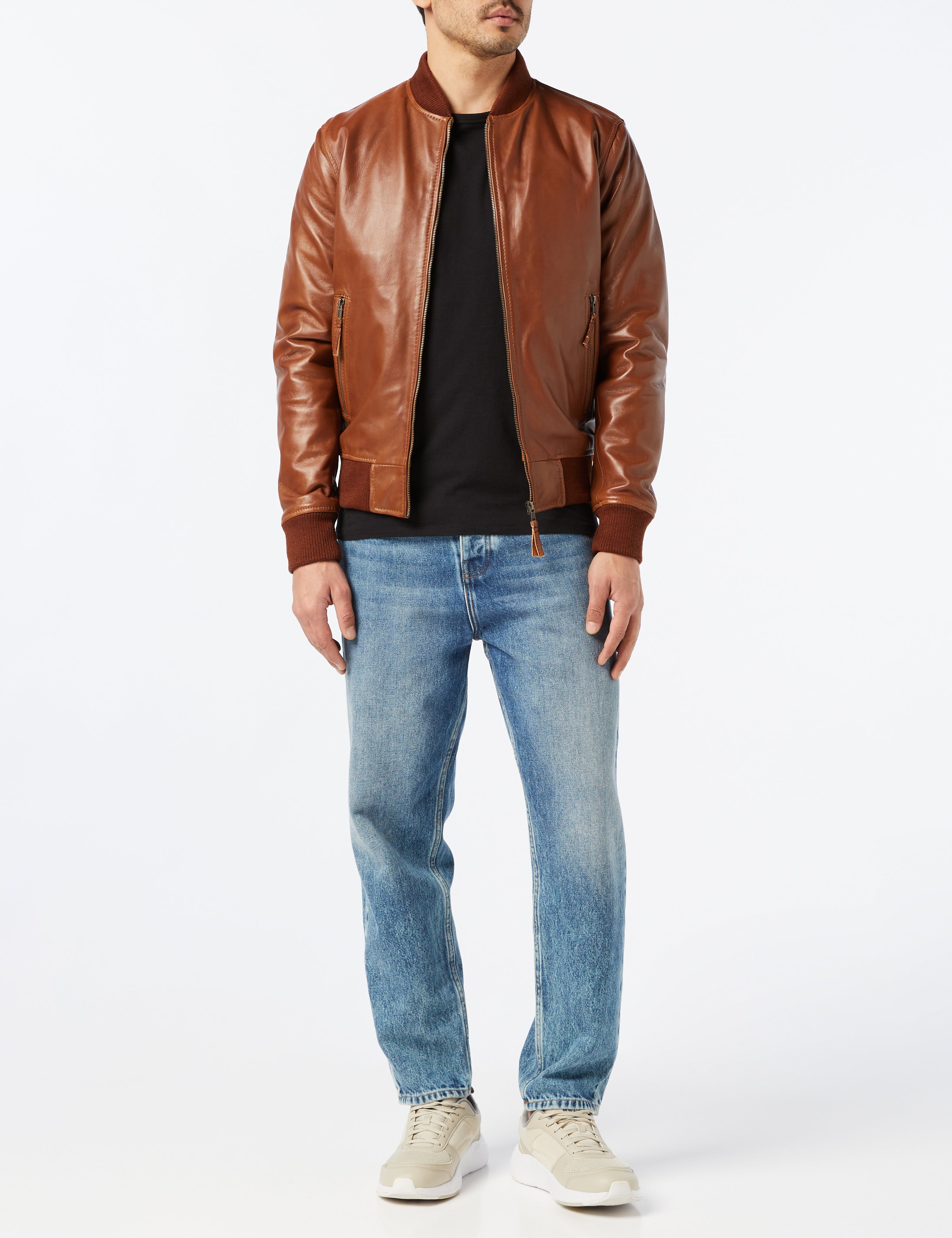 XPOSED Mens Tan Soft Real Leather Smart Casual Vintage Bomber Biker Style Jacket