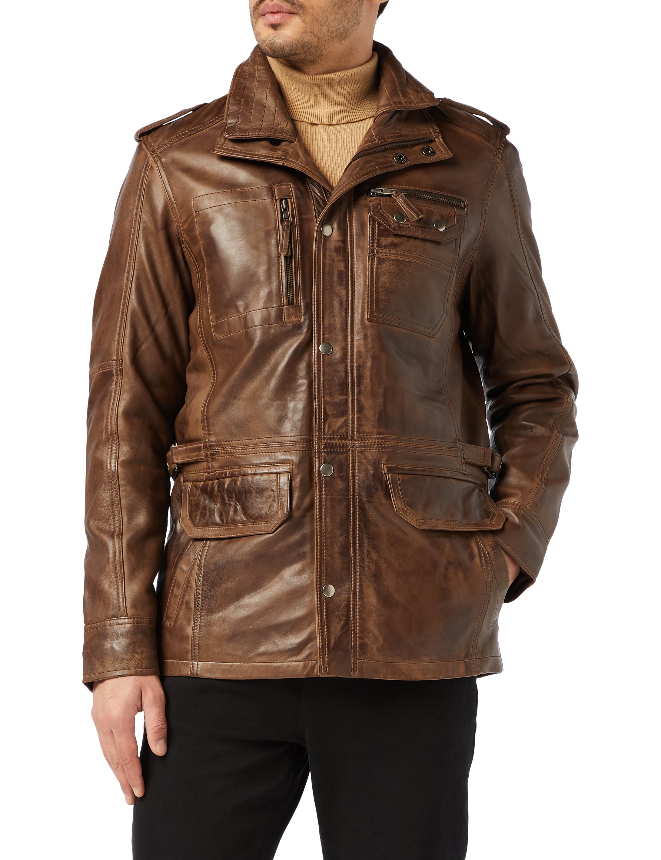 XPOSED Mens Real Leather Vintage Smart Casual Brown Military Style Field Jacket