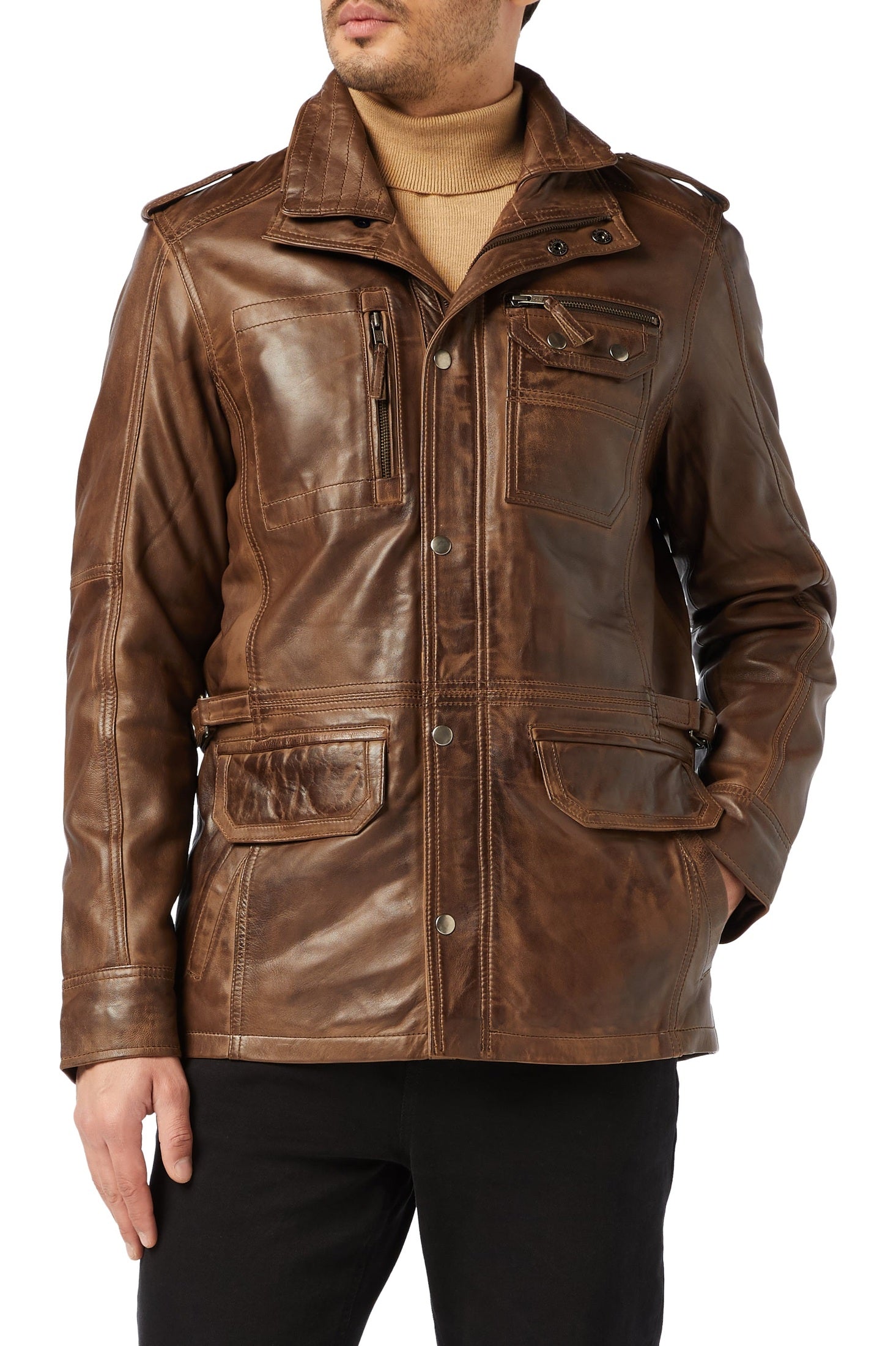 XPOSED Mens Real Leather Vintage Smart Casual Brown Military Style Field Jacket