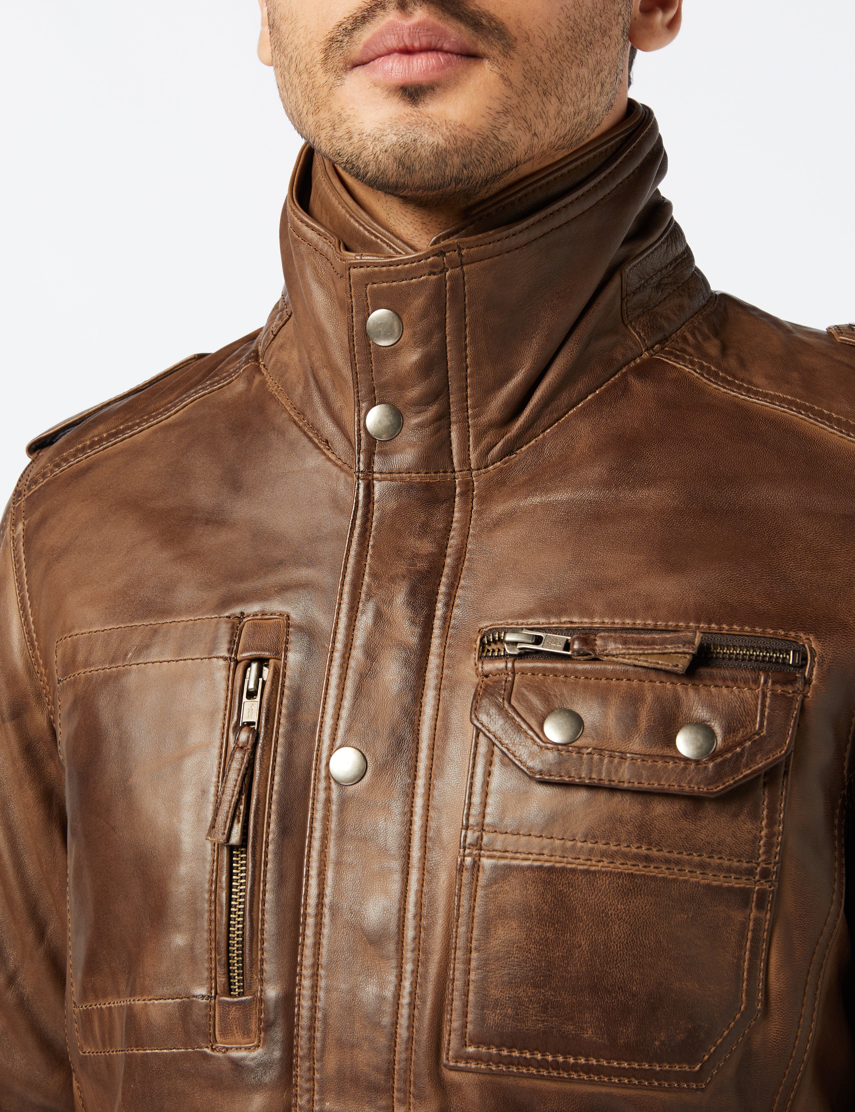 XPOSED Mens Real Leather Vintage Smart Casual Brown Military Style Field Jacket