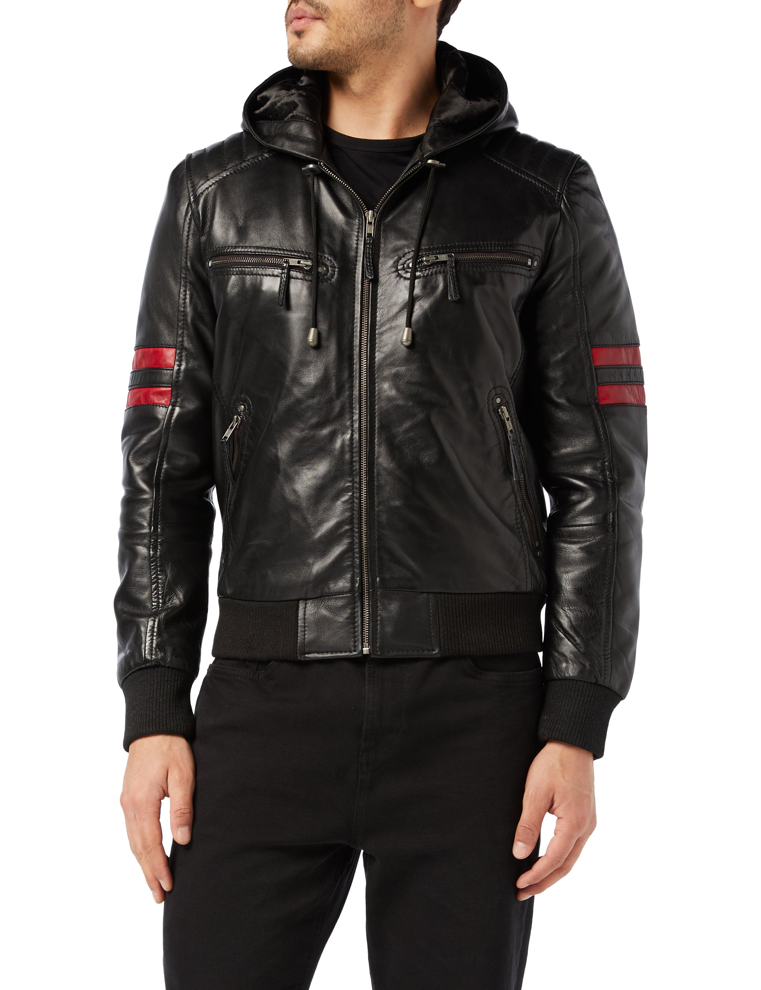 Mens Black Real Leather Bomber Jacket with Hood Vintage Smart Casual Biker Style