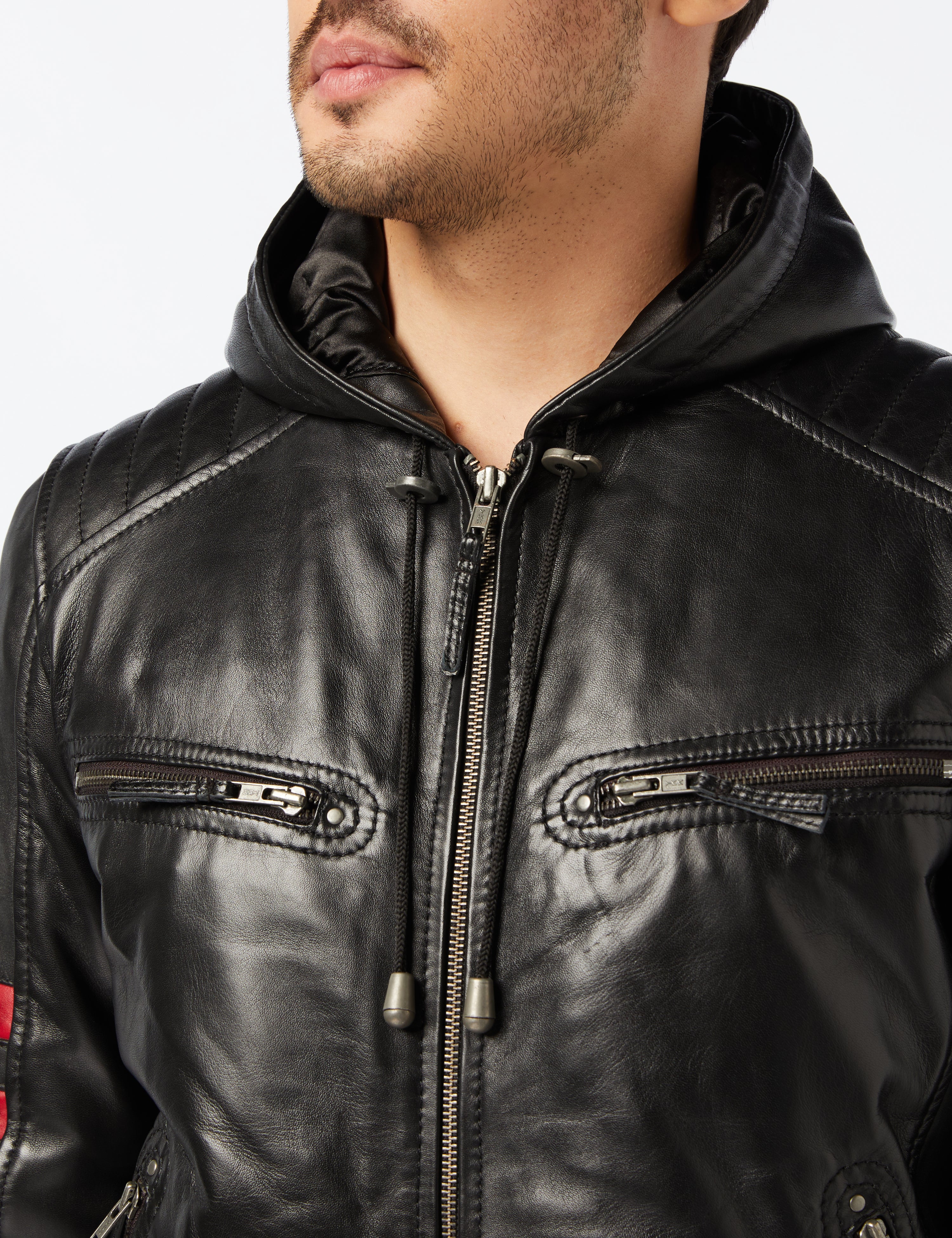 Mens Black Real Leather Bomber Jacket with Hood Vintage Smart Casual Biker Style