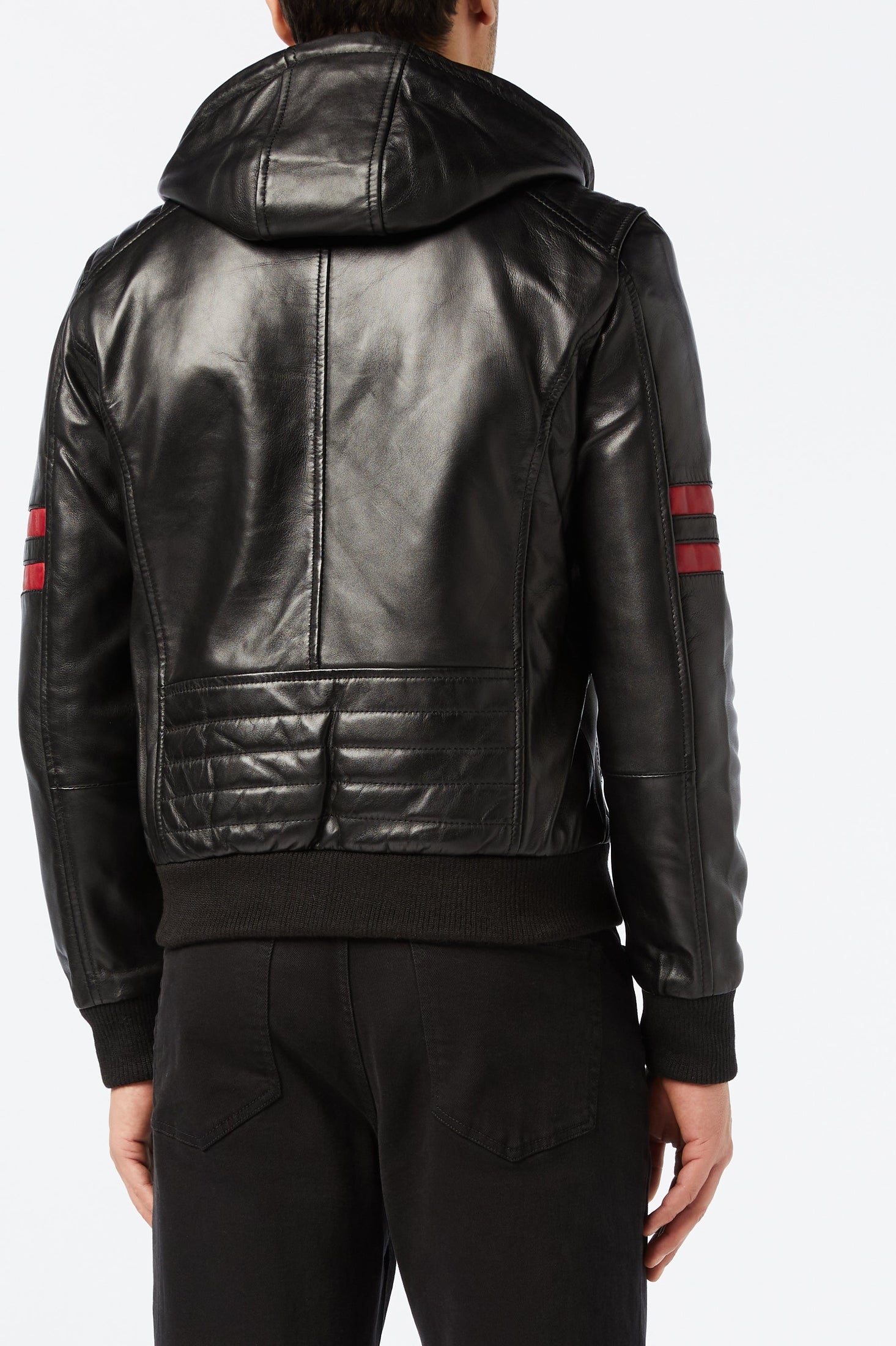 Mens Black Real Leather Bomber Jacket with Hood Vintage Smart Casual Biker Style