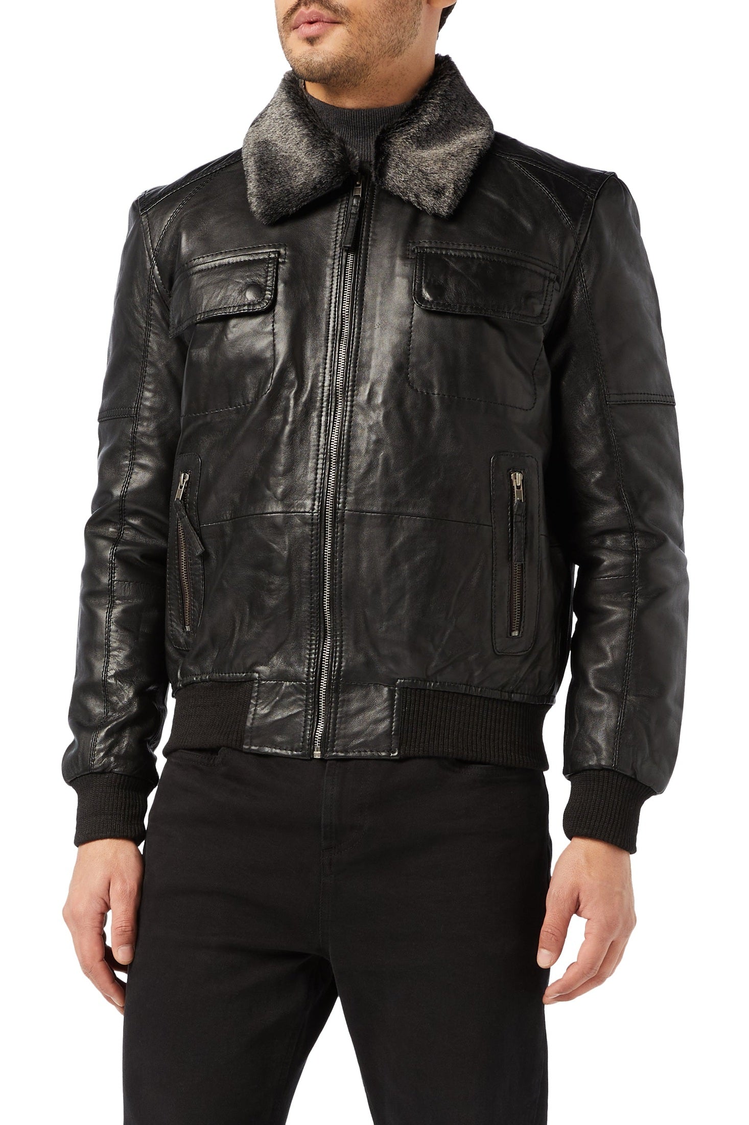 BOMBER LEATHER JACKET WITH FUR