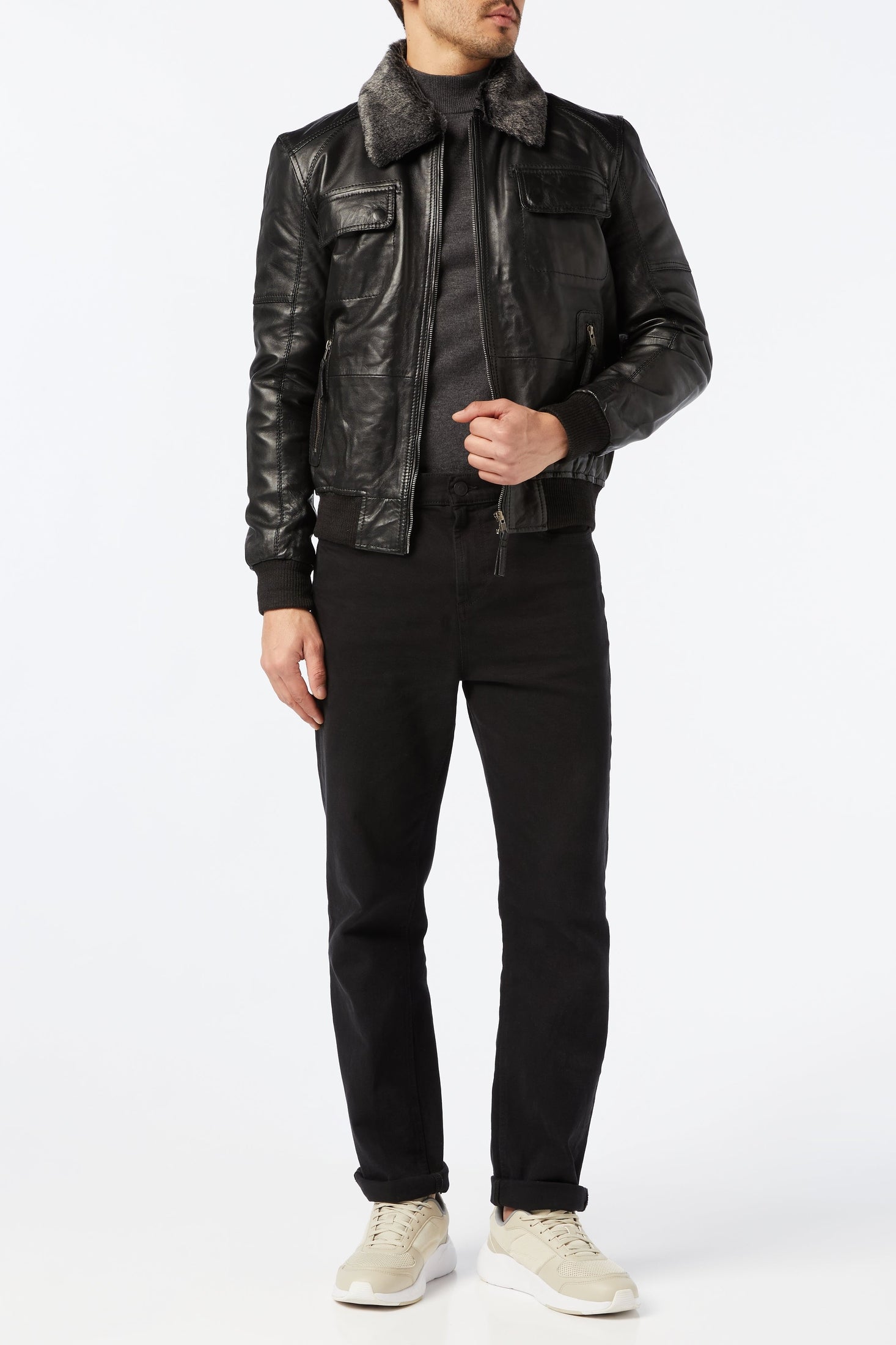 BOMBER LEATHER JACKET WITH FUR
