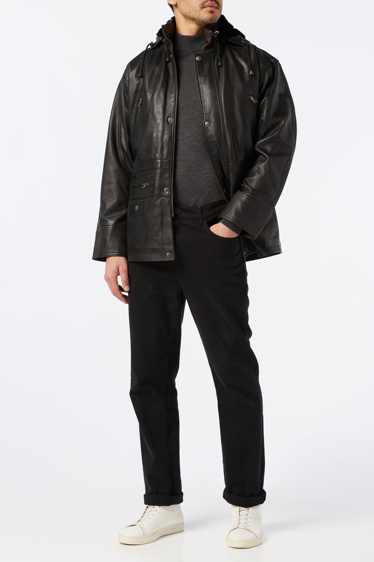 Mens 3/4 Long Real Leather Duffle Coat Safari Jacket Detachable Hood Fur Lining