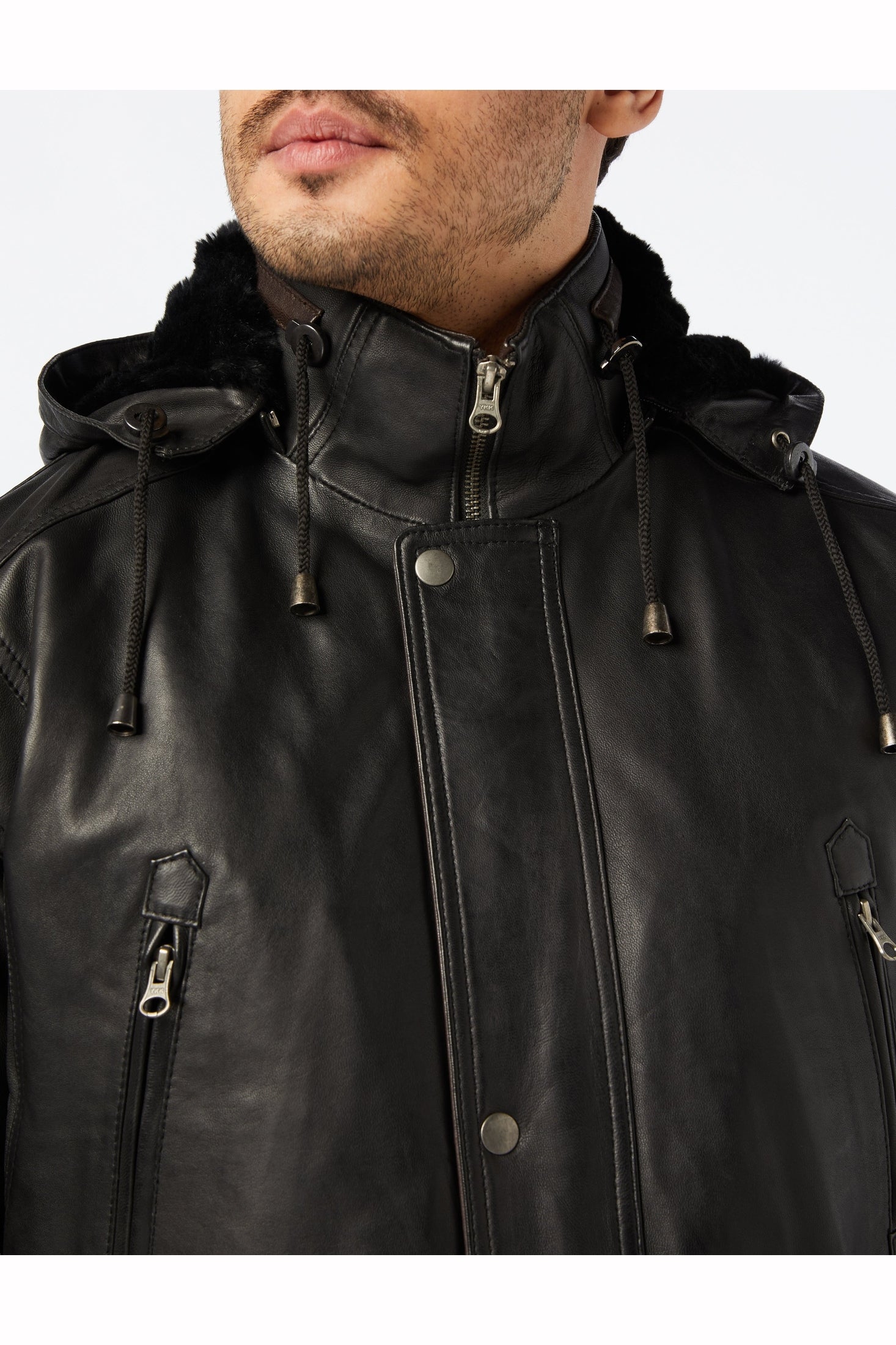 Mens 3/4 Long Real Leather Duffle Coat Safari Jacket Detachable Hood Fur Lining