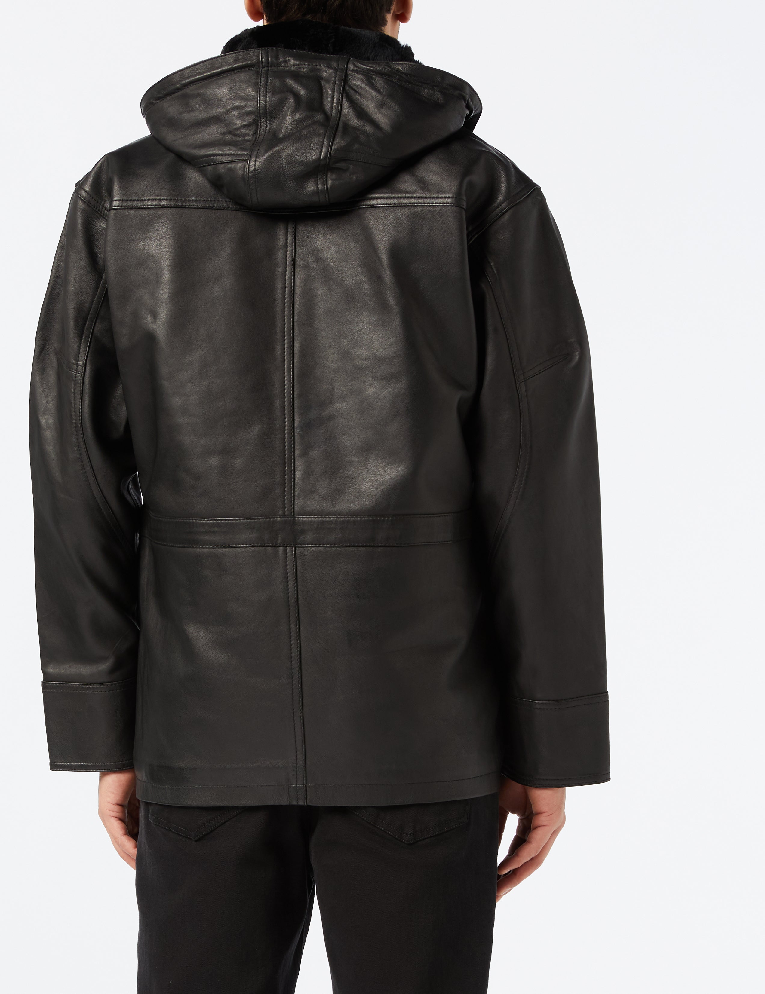 Mens 3/4 Long Real Leather Duffle Coat Safari Jacket Detachable Hood Fur Lining