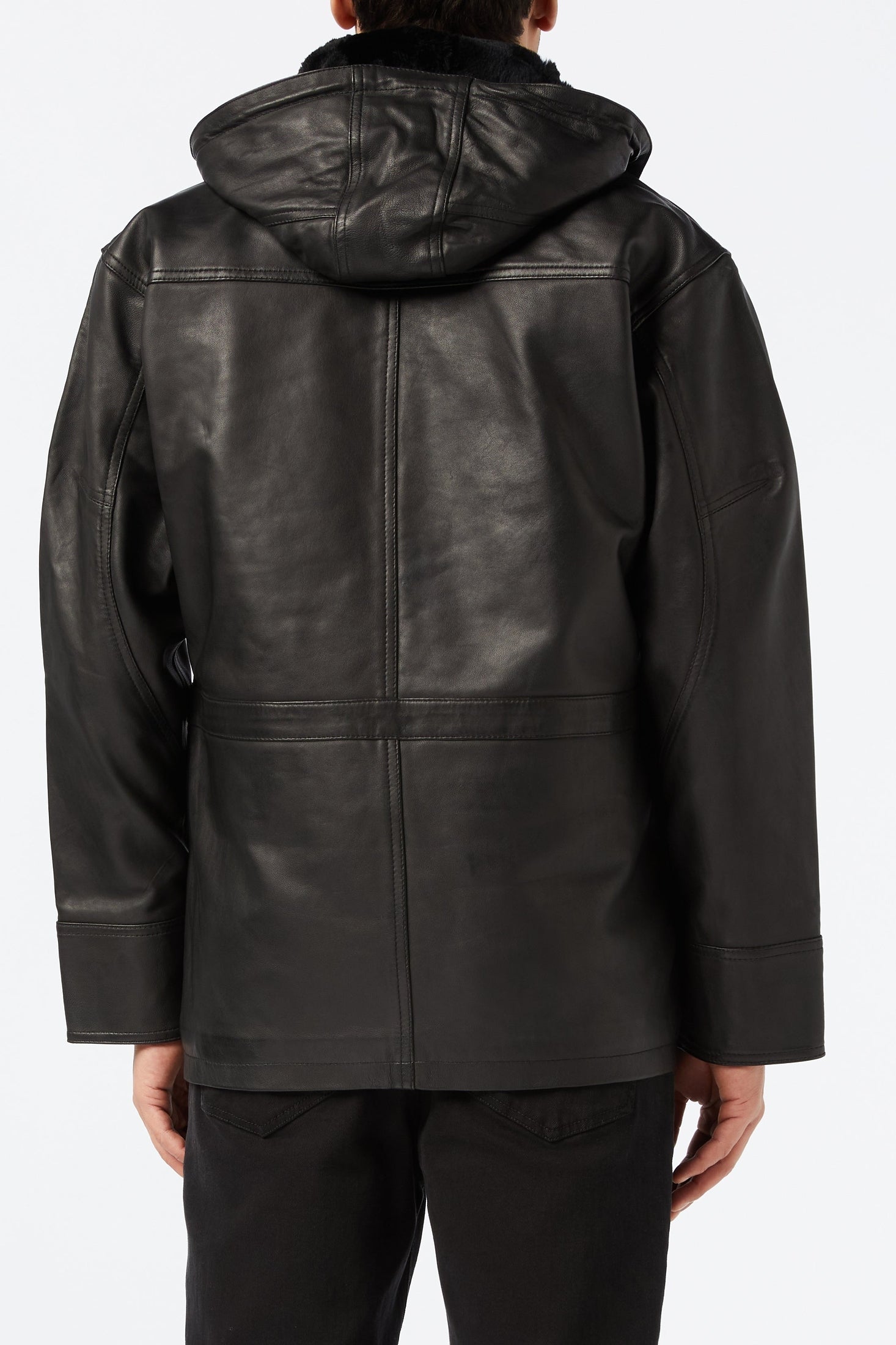 Mens 3/4 Long Real Leather Duffle Coat Safari Jacket Detachable Hood Fur Lining