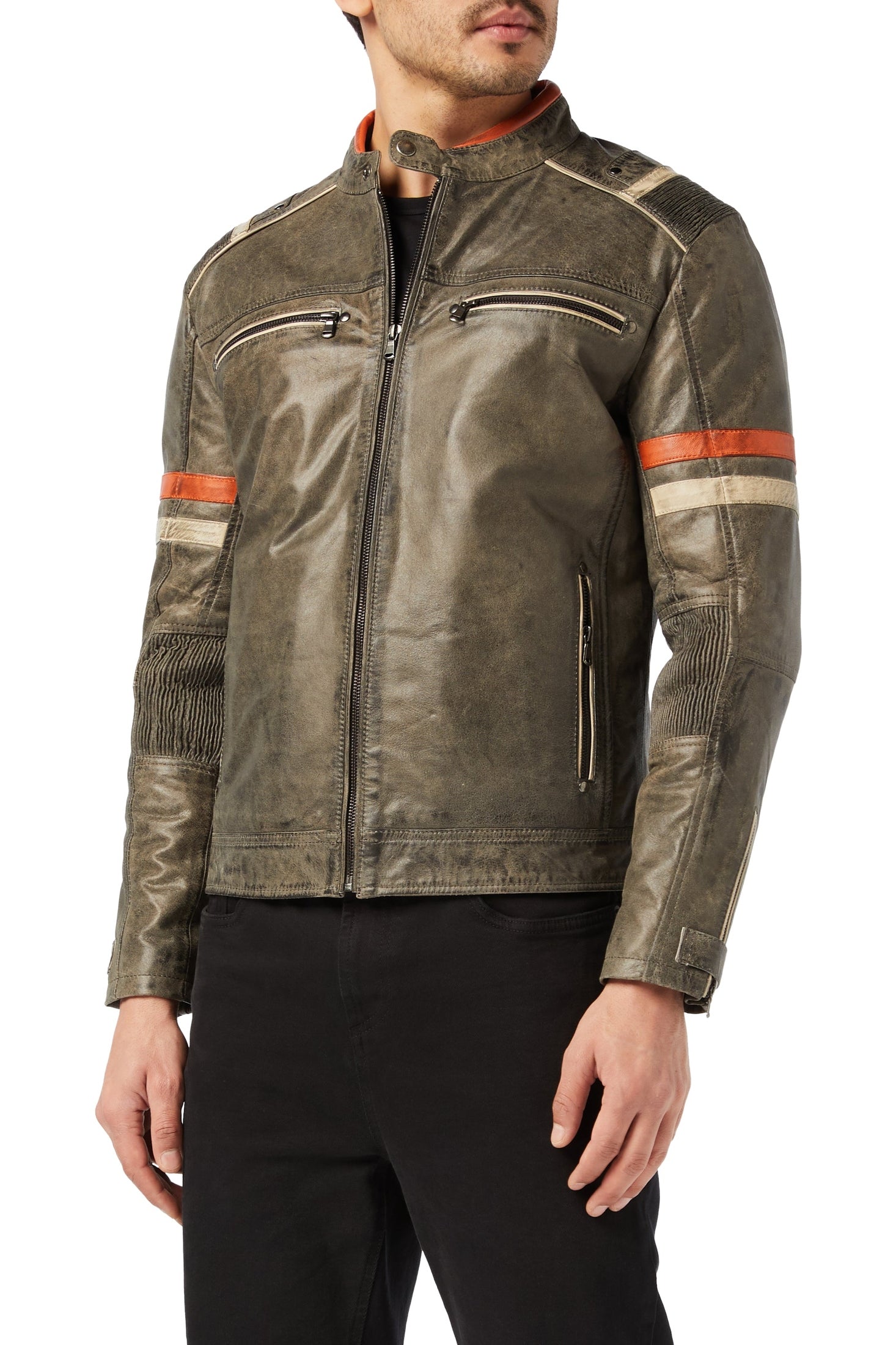 Men’s Real Leather Biker Jacket Vintage Grey Distressed Retro Motorcycle Style