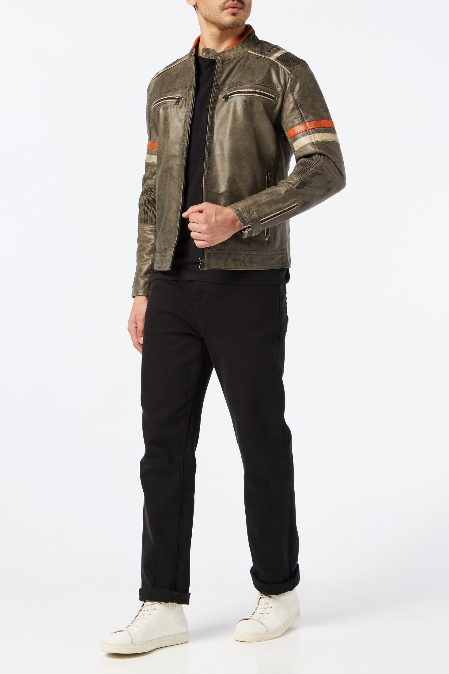 Men’s Real Leather Biker Jacket Vintage Grey Distressed Retro Motorcycle Style