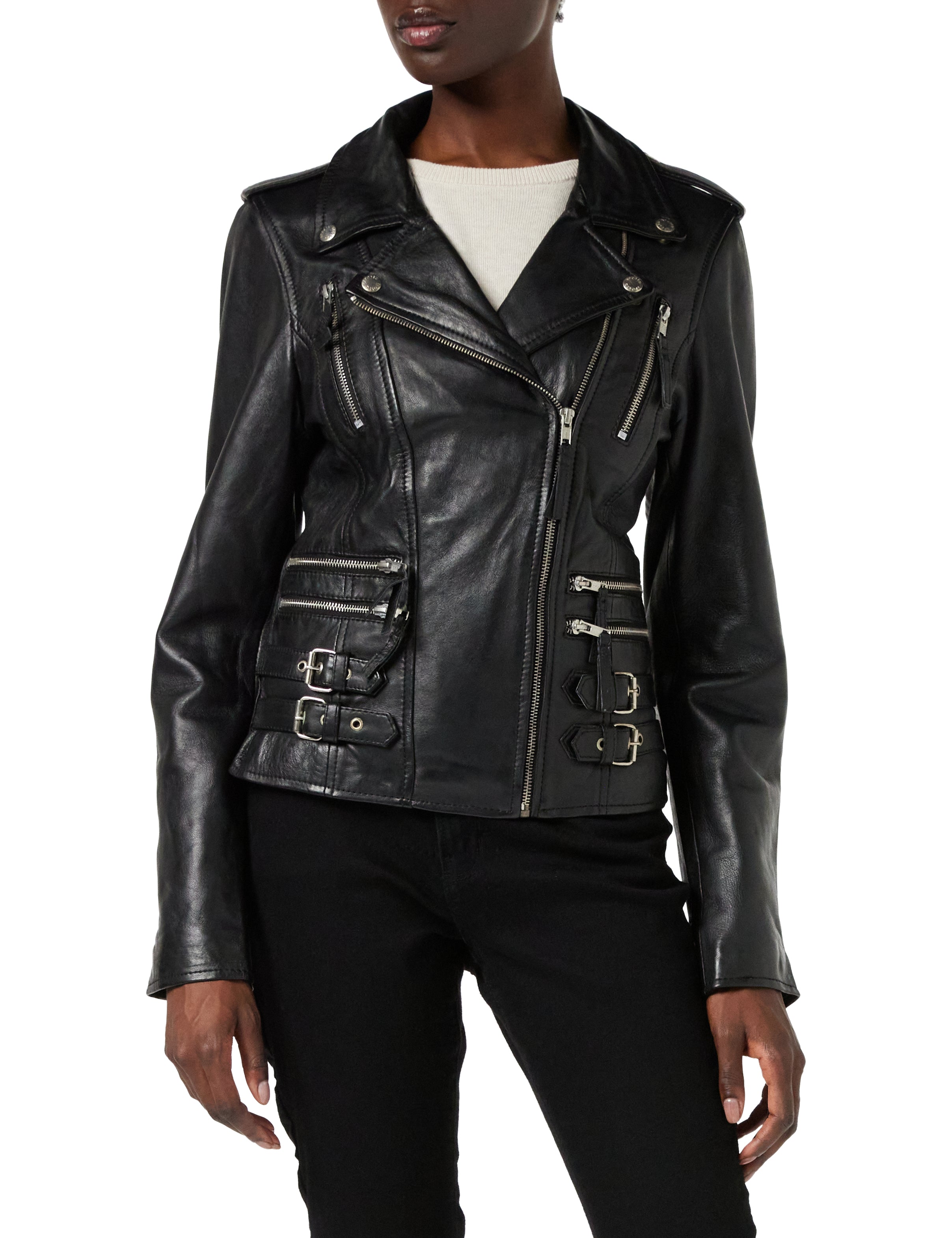 Ladies Womens Black Real Leather Fitted Vintage Biker Style Zip Buckle Jacket