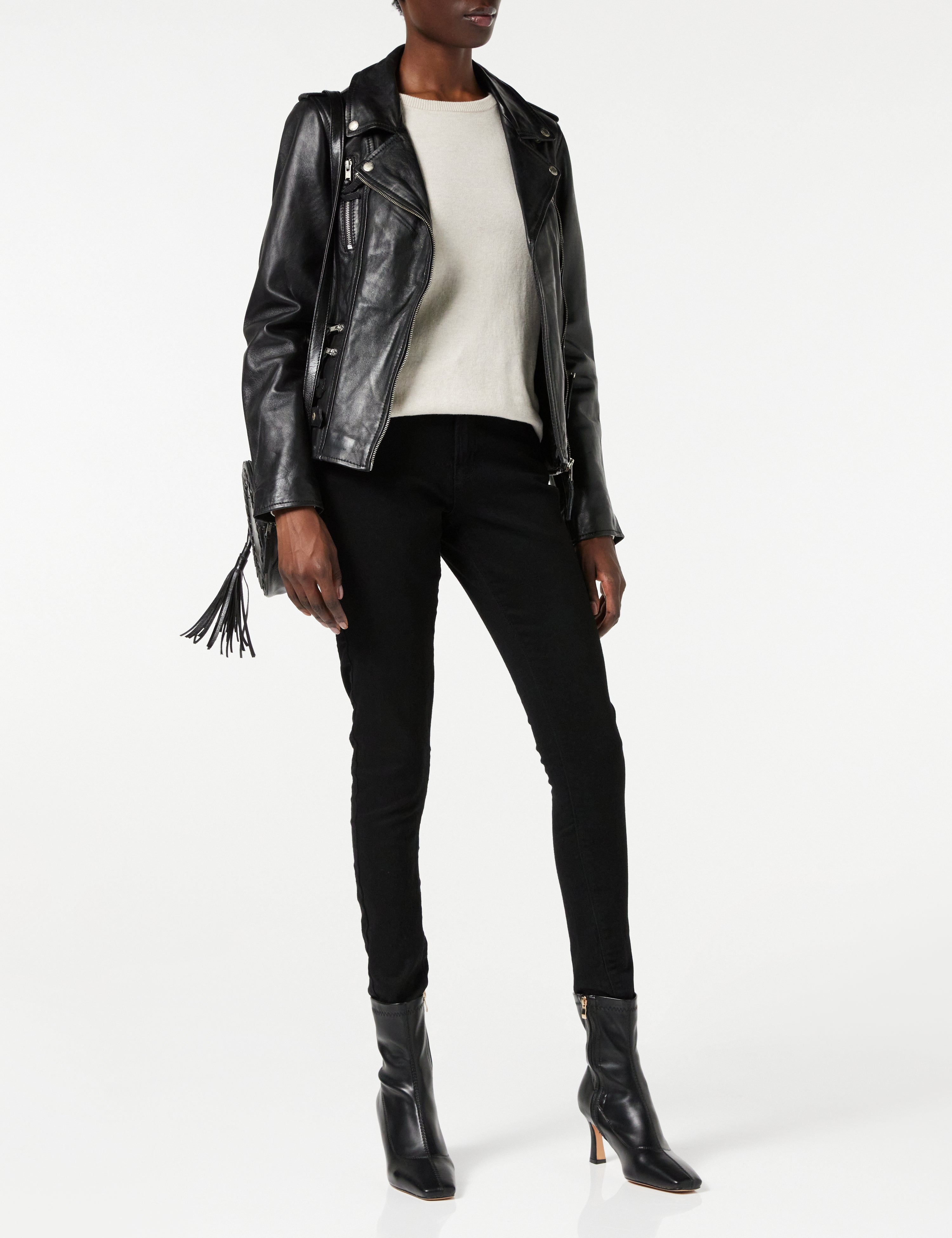 Ladies Womens Black Real Leather Fitted Vintage Biker Style Zip Buckle Jacket