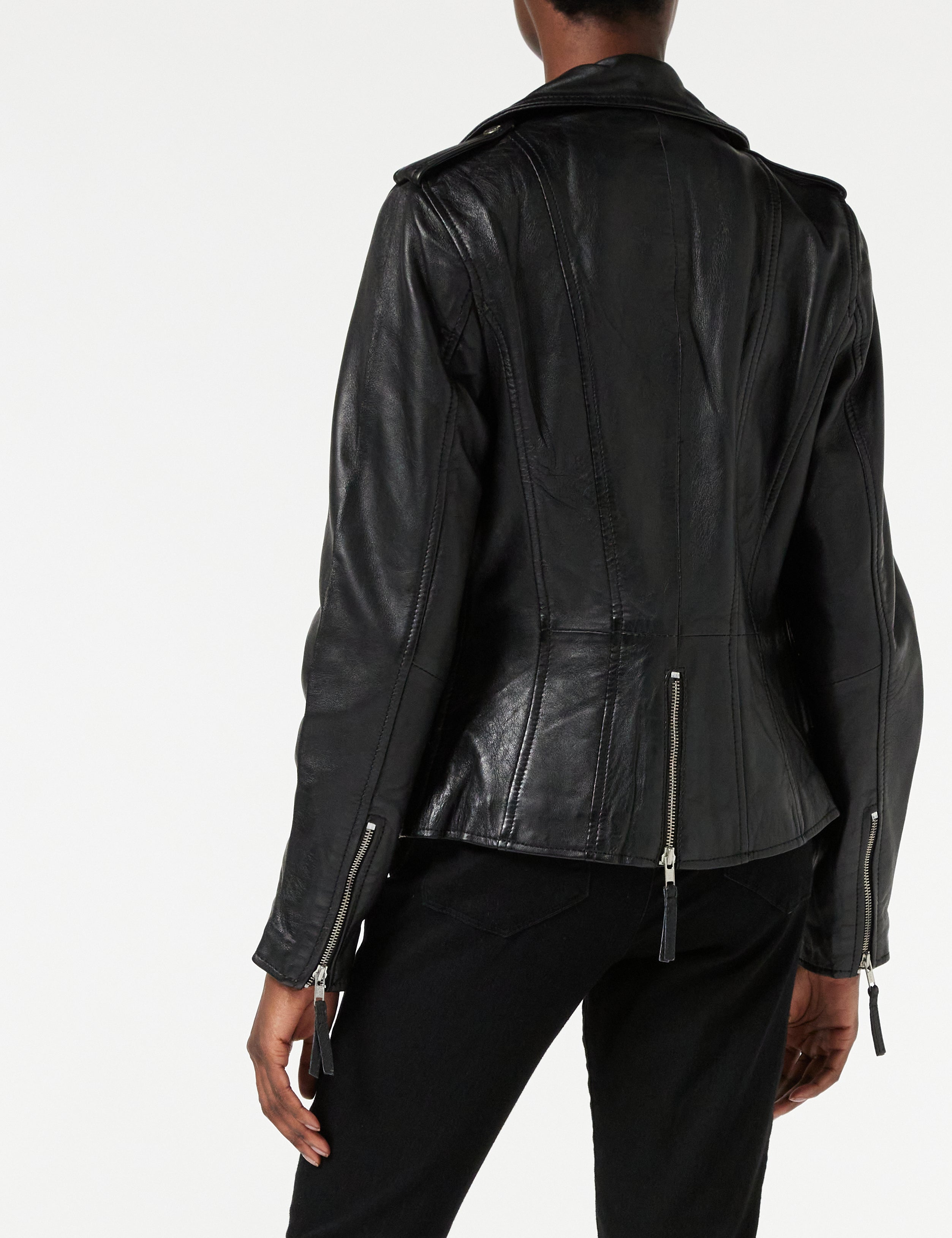 Ladies Womens Black Real Leather Fitted Vintage Biker Style Zip Buckle Jacket