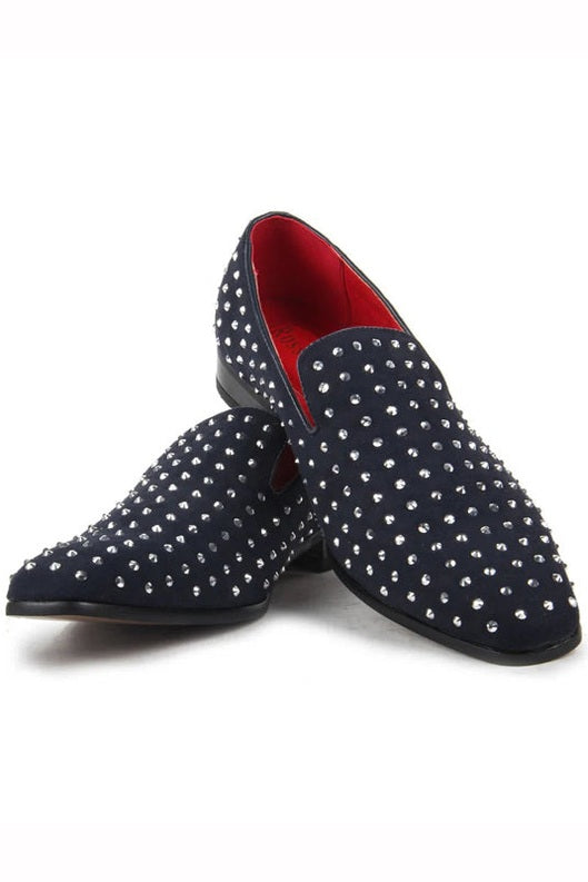NAVY SUEDE LEATHER LINED GLITTER STUD LOAFERS