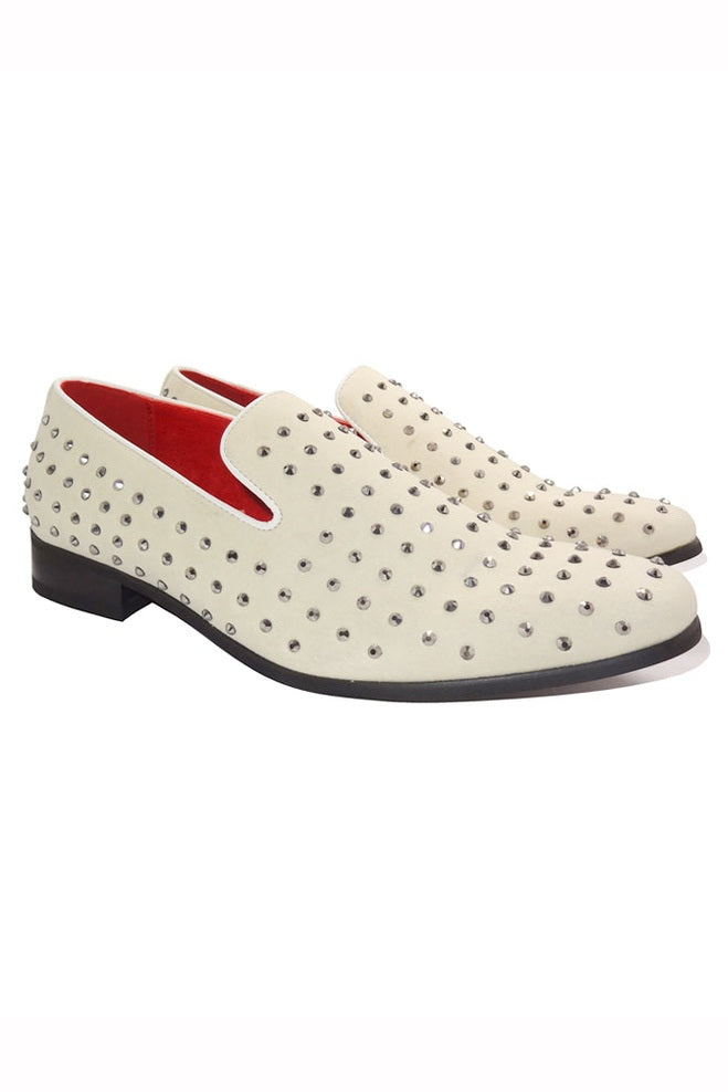 WHITE SUEDE LEATHER LINED GLITTER STUD LOAFERS