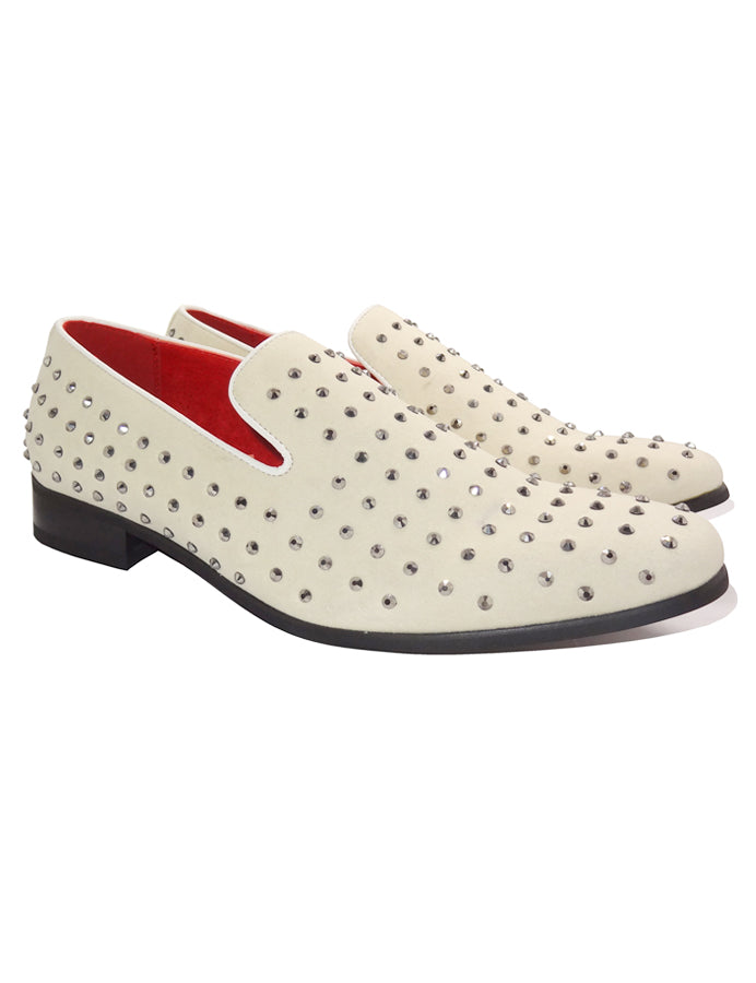 WHITE SUEDE LEATHER LINED GLITTER STUD LOAFERS