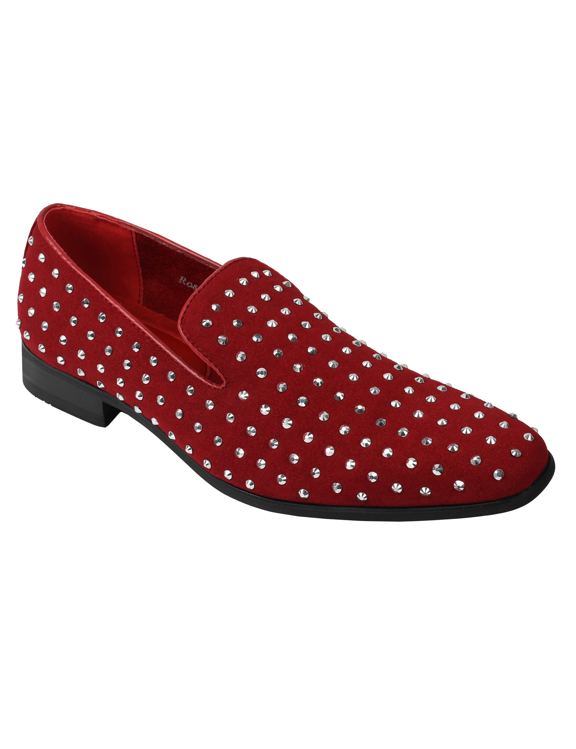 RED SUEDE LEATHER LINED GLITTER STUD LOAFERS