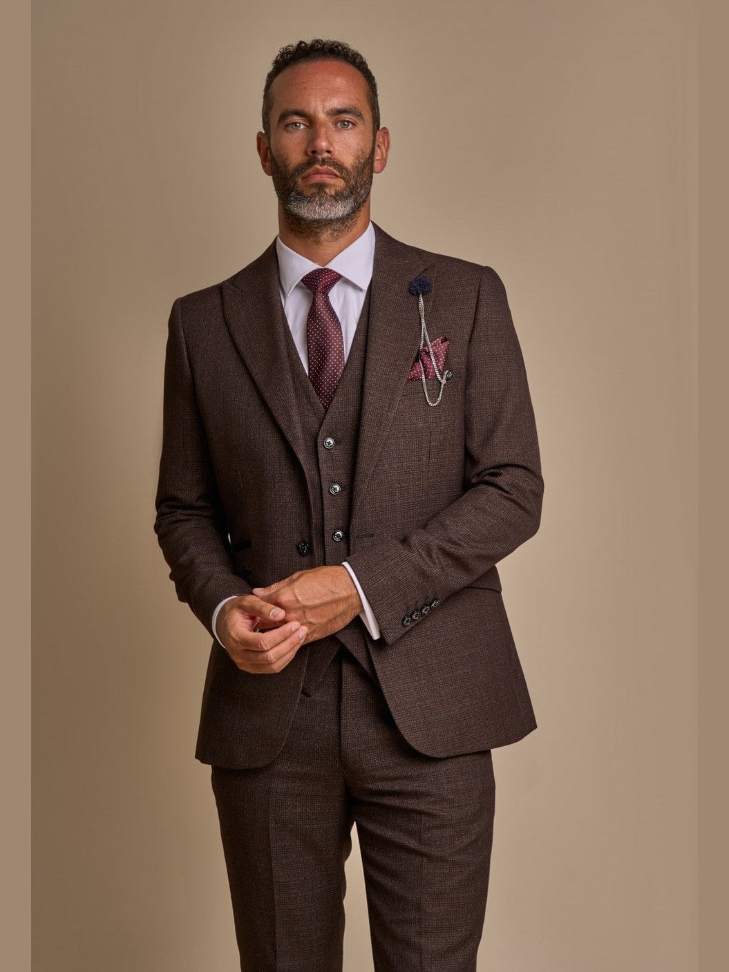 CARIDI – TAILORED FIT 3 PIECE SUIT IN BROWN CHECK CAVANI